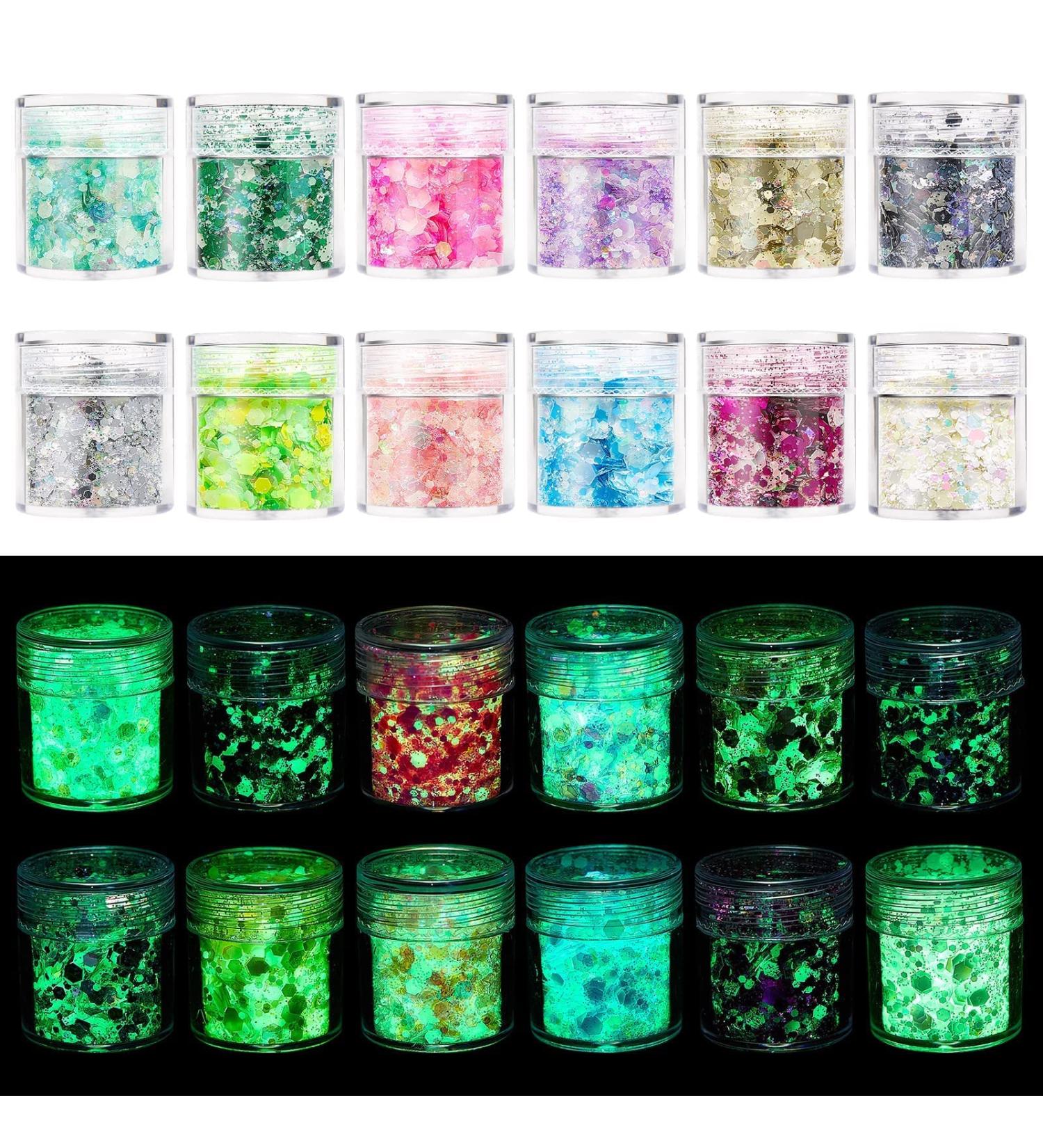 AOOWU Chunky Glitter 12 Colors - Luminous Festival Glitter for Face, Body, Eyes, Nails - Holographic Cosmetic Glitter - DIY Art - Buy Online on GoSupps.com