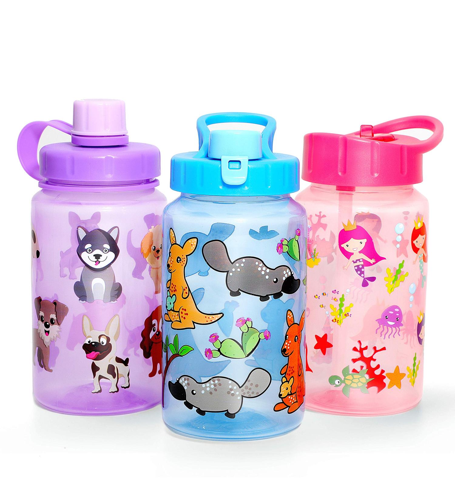 Home Tune 3 Pack 16oz Kid Water Drinking Bottle - BPA Free Flip Straw Cap Carry Loop Chug Lid Wide Mouth Lightweight Leak-Proof Water Bottle with Cute Design For Girls & Boys - Mermaid & Animals