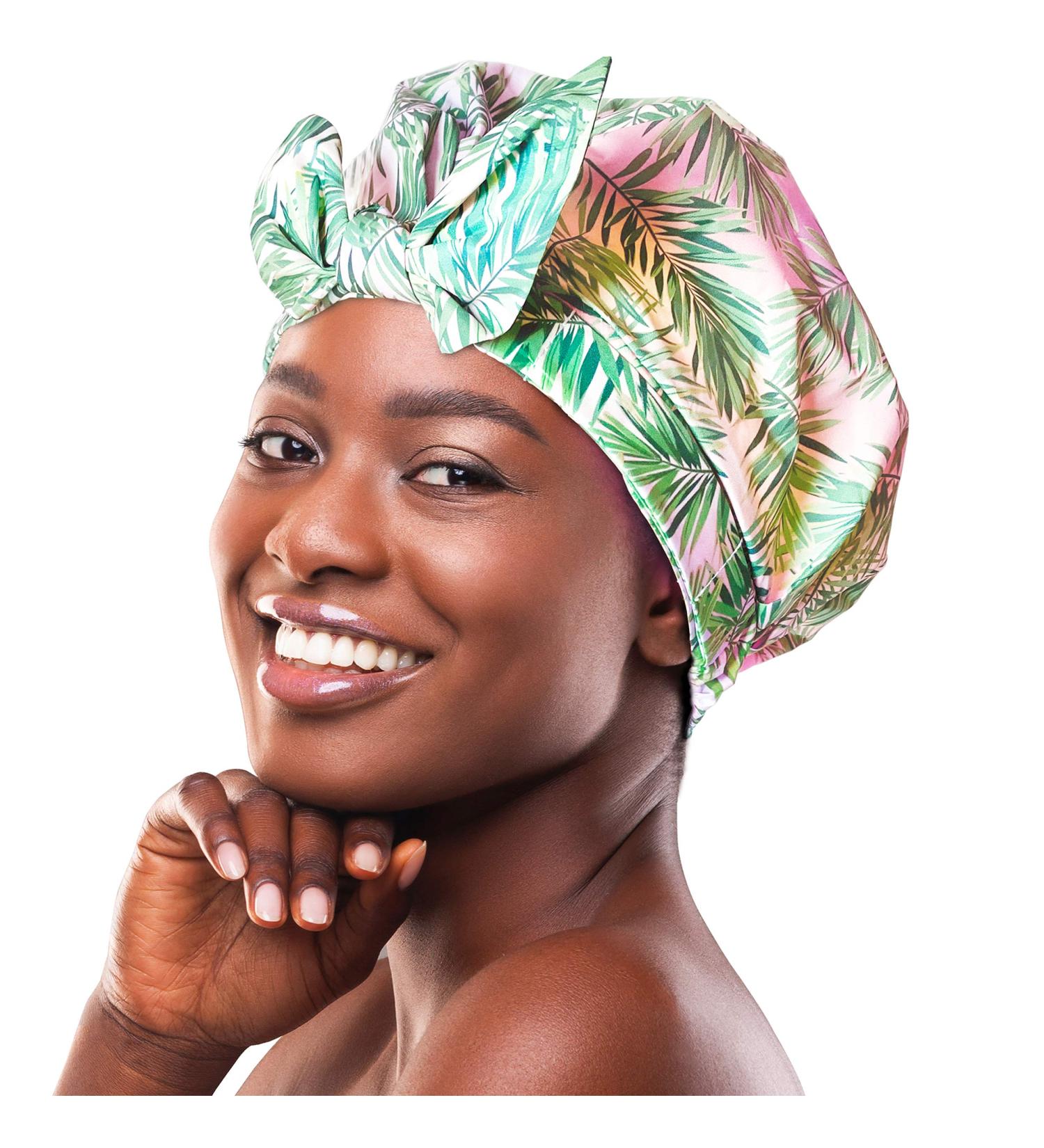 Waterproof Reusable Large Shower Cap for Women with Long Hair - Cute Palm Leaf Design - Buy Online on GoSupps.com