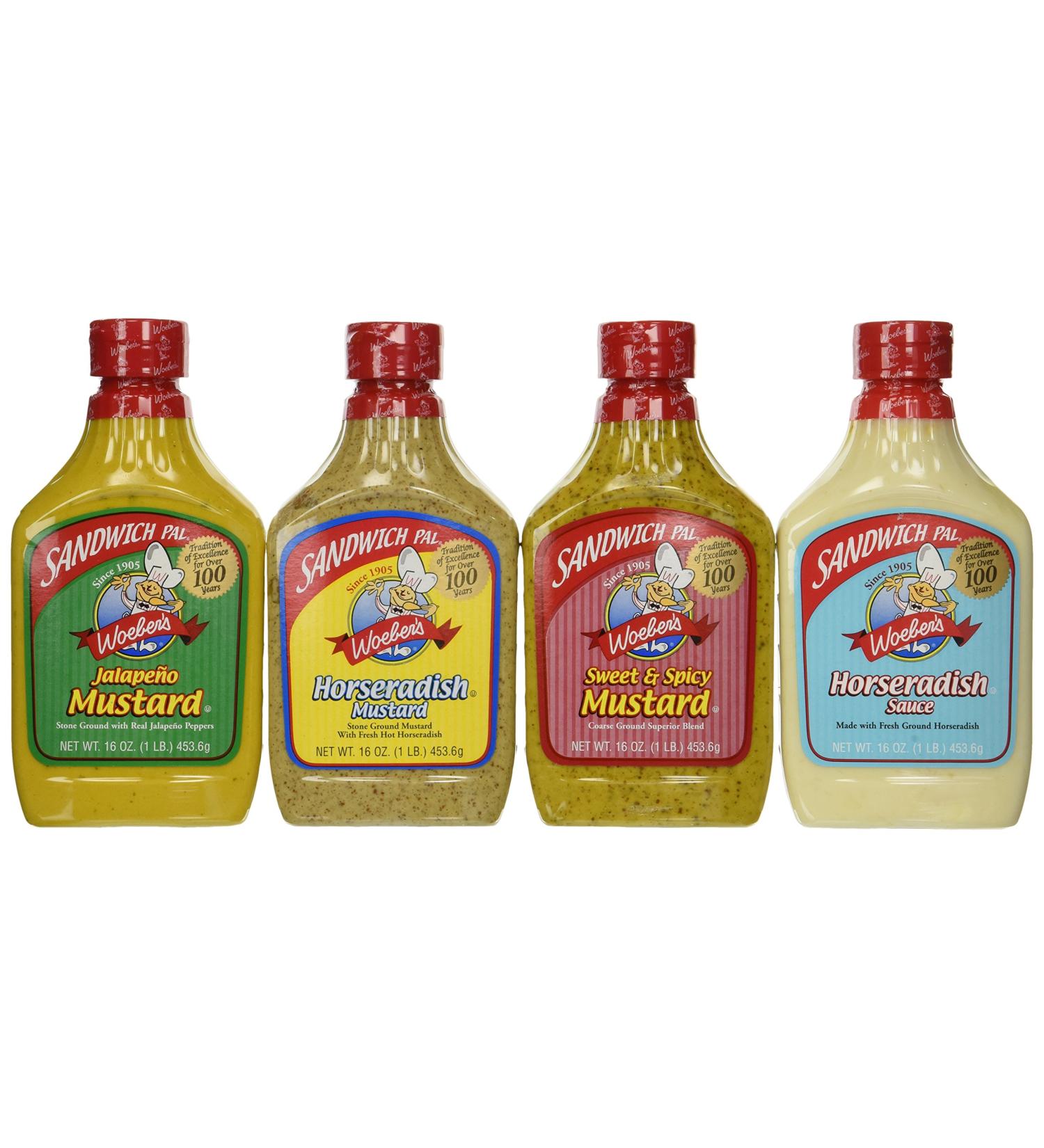 Woeber's Sandwich Pal 4 Flavor Variety Bundle - Horseradish, Sweet & Spicy, Jalapeno Mustard, and Horseradish Sauce 16 Oz. Each (Pack of 4) - Buy Online on GoSupps.com