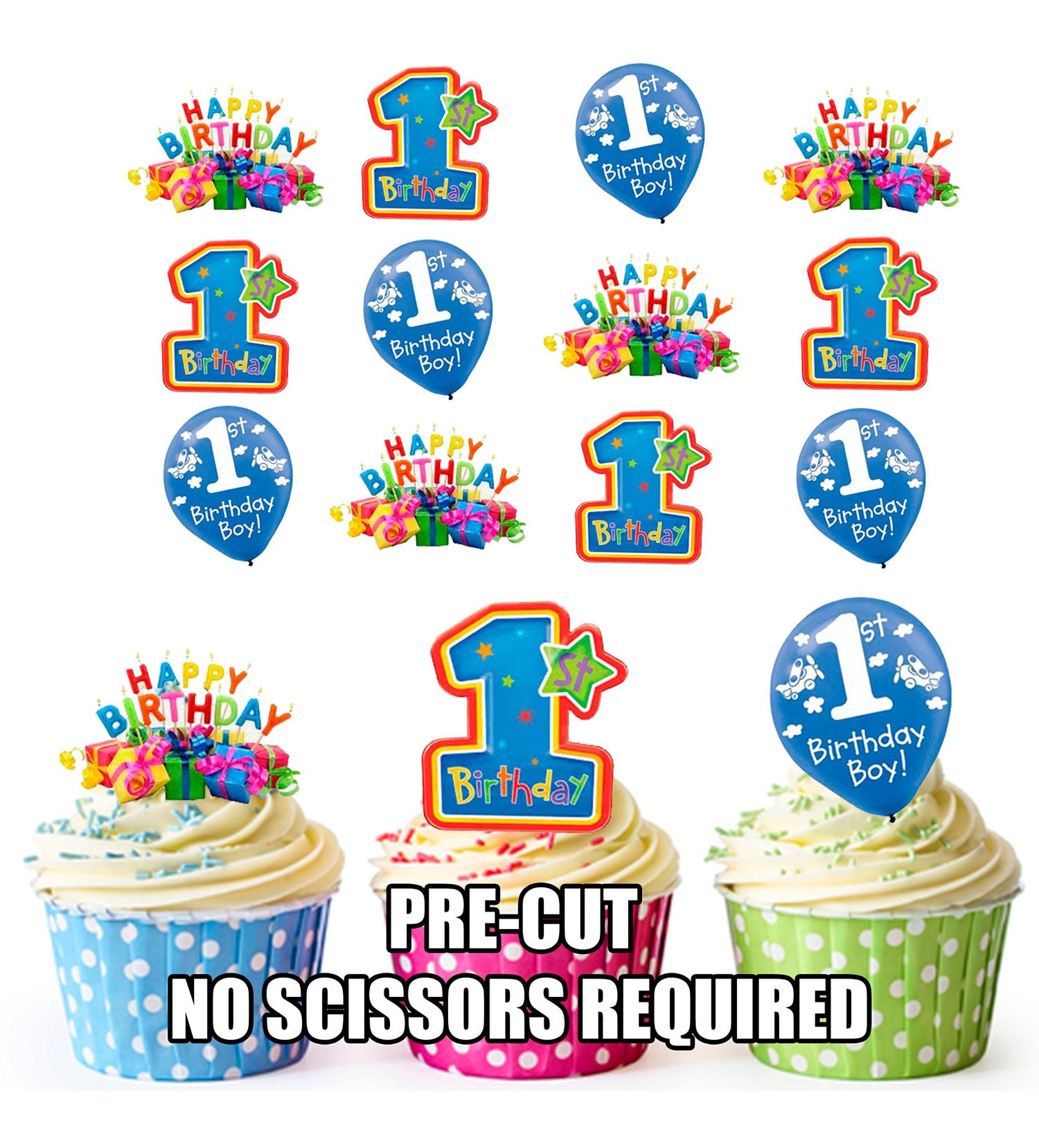 Colourful 1st Happy Birthday Boys Cake Decorations - 12 Edible Wafer Cup Cake Toppers