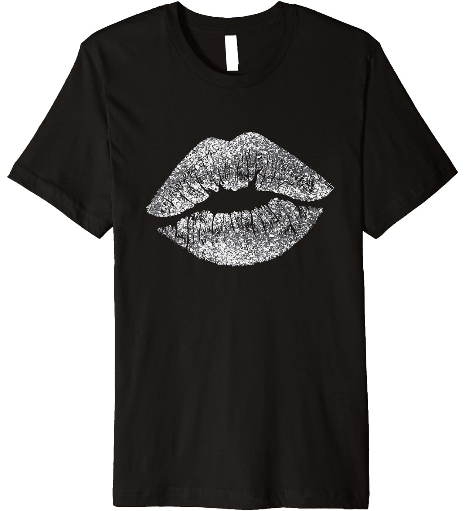 Sexy Silver Glitter Lips Kiss Me Love Makeup Lipstick Shirt