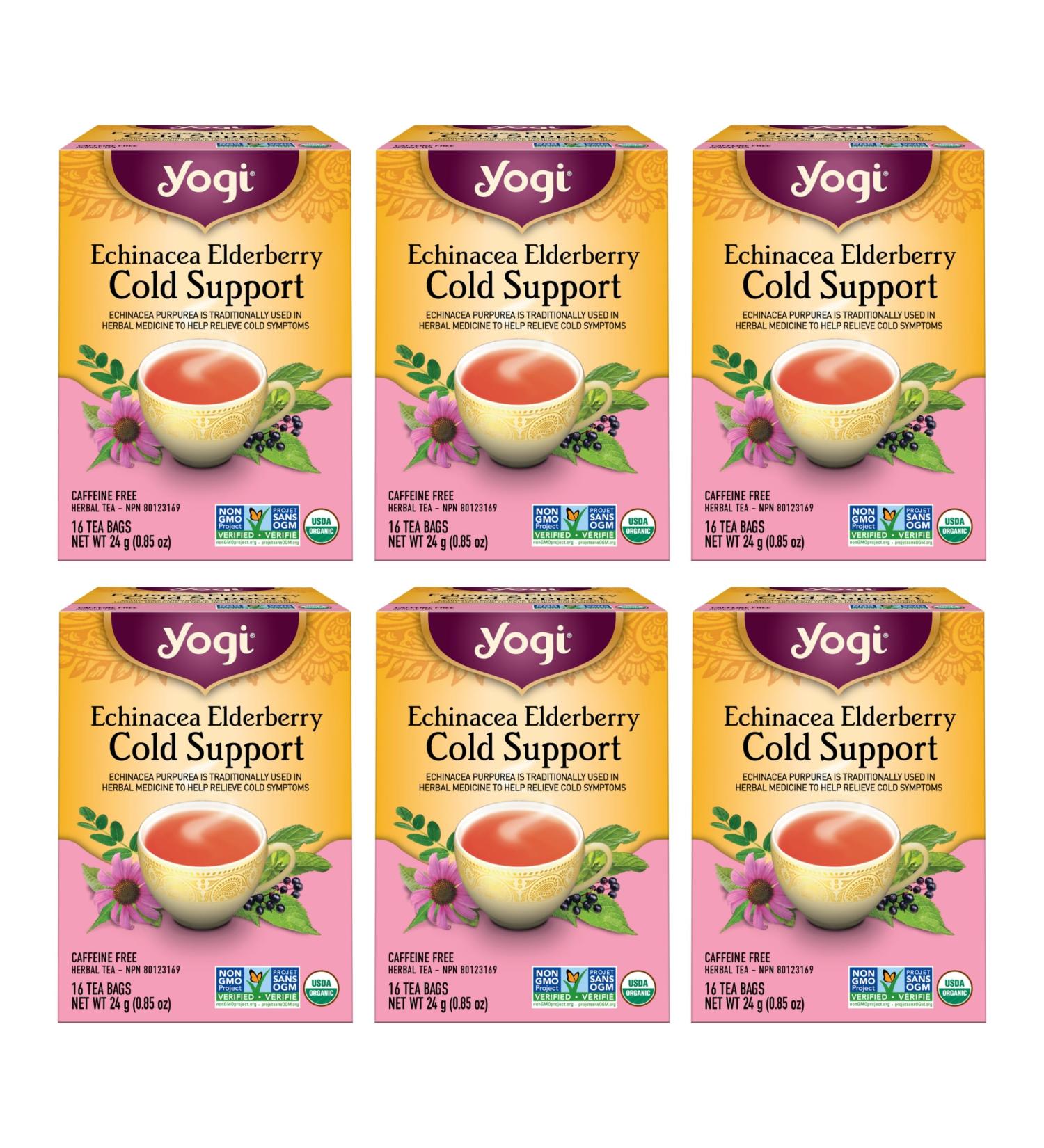 Yogi Tea - Echinacea Elderberry Cold Support Tea (6 Pack) - Formulated with Echinacea to help relieve cold symptoms - Caffeine Free Organic Herbal Tea - 96 Tea Bags - Buy Online on GoSupps.com