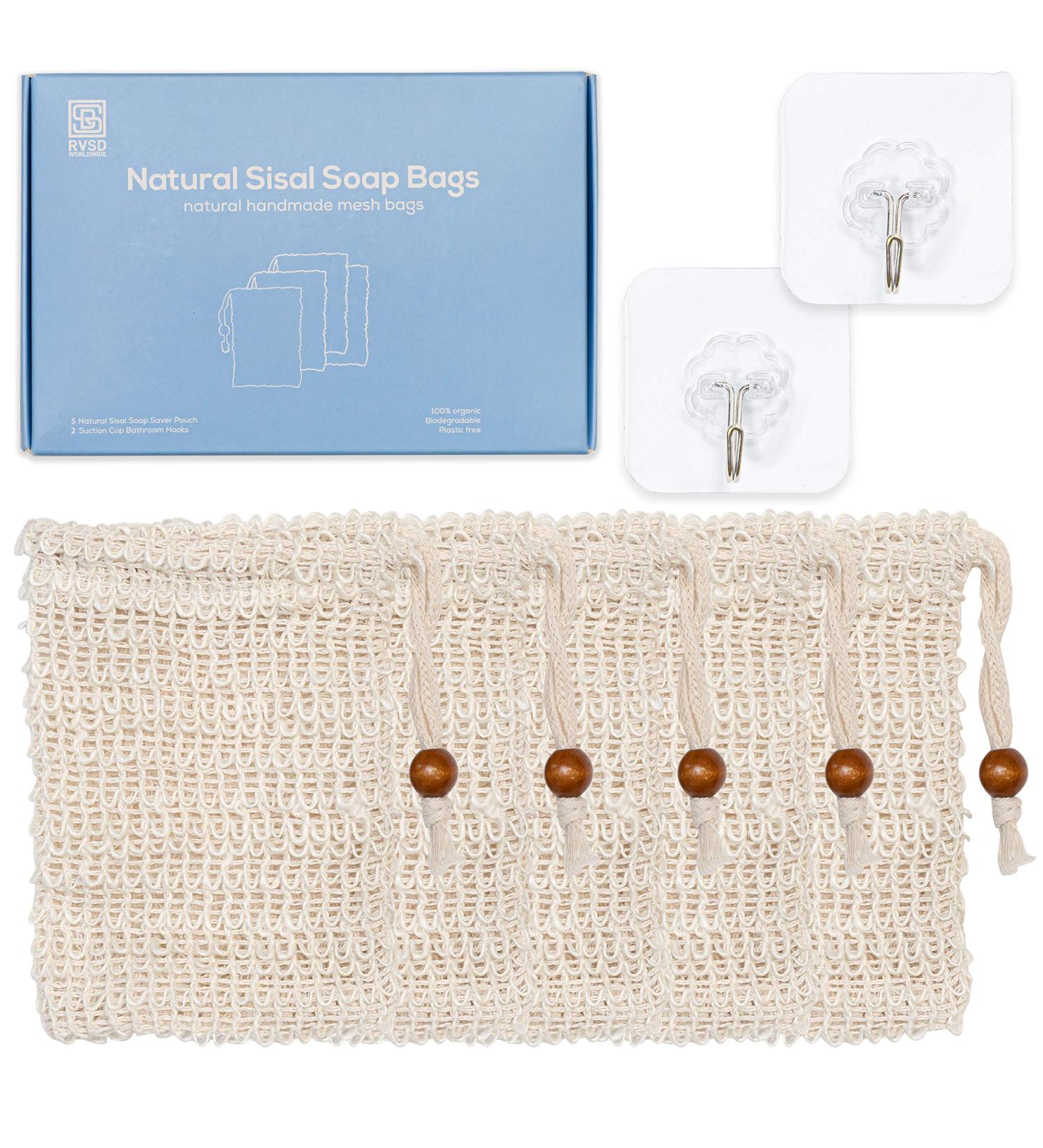 5 Pack Premium Exfoliating Mesh Soap Saver Bags - Natural Ramie & Sisal Loofah Pouches for Bath & Shower | Includes Bonus 3 Wall Hooks - Enhance Your Skincare Routine - Buy Online on GoSupps.com