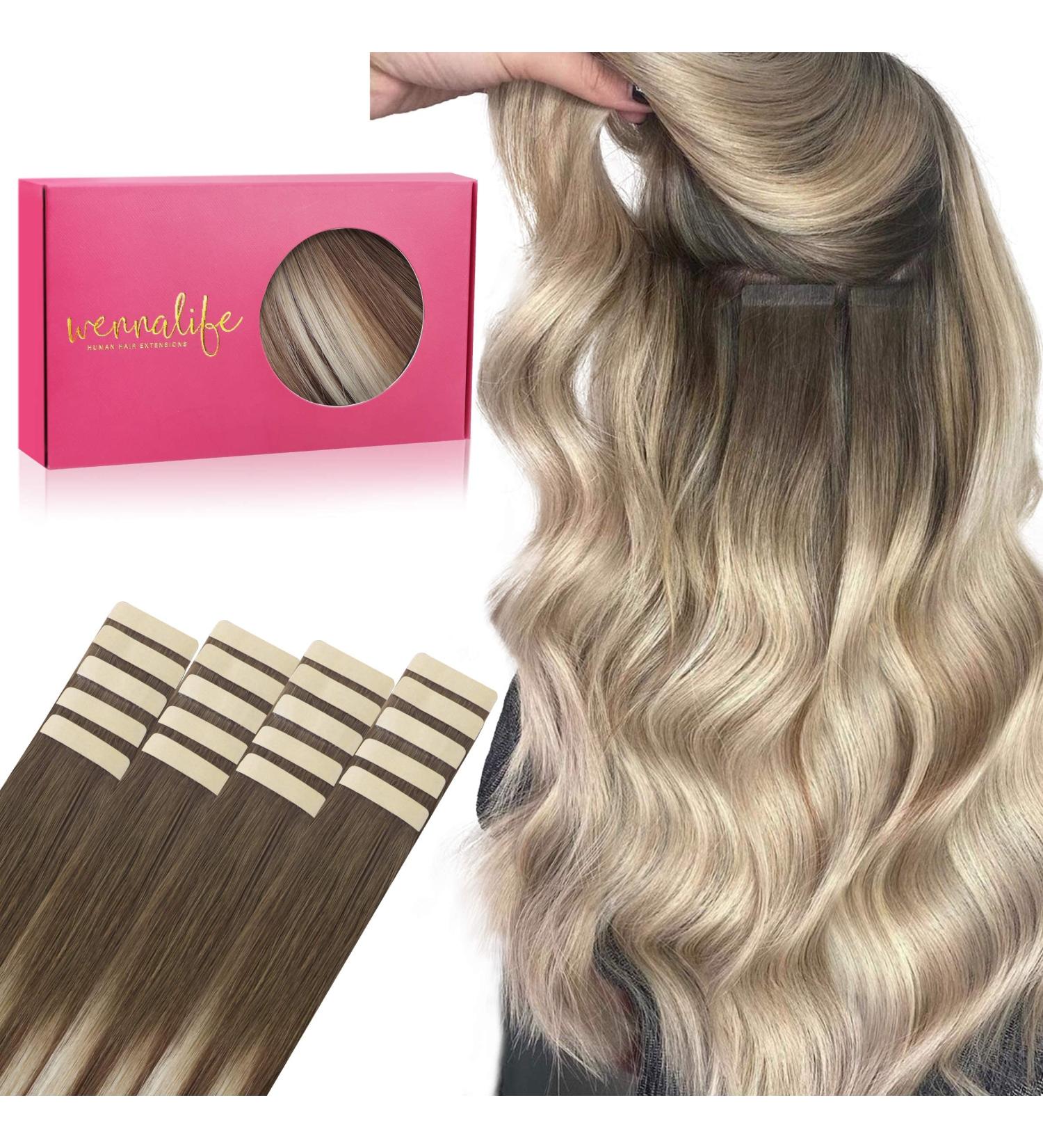 20PCs 40cm Real Hair Tape Extensions - Sand Brown to Platinum Blonde | Remy Invisible Skin Weft Silky Straight Hair Extensions - Buy Online on GoSupps.com
