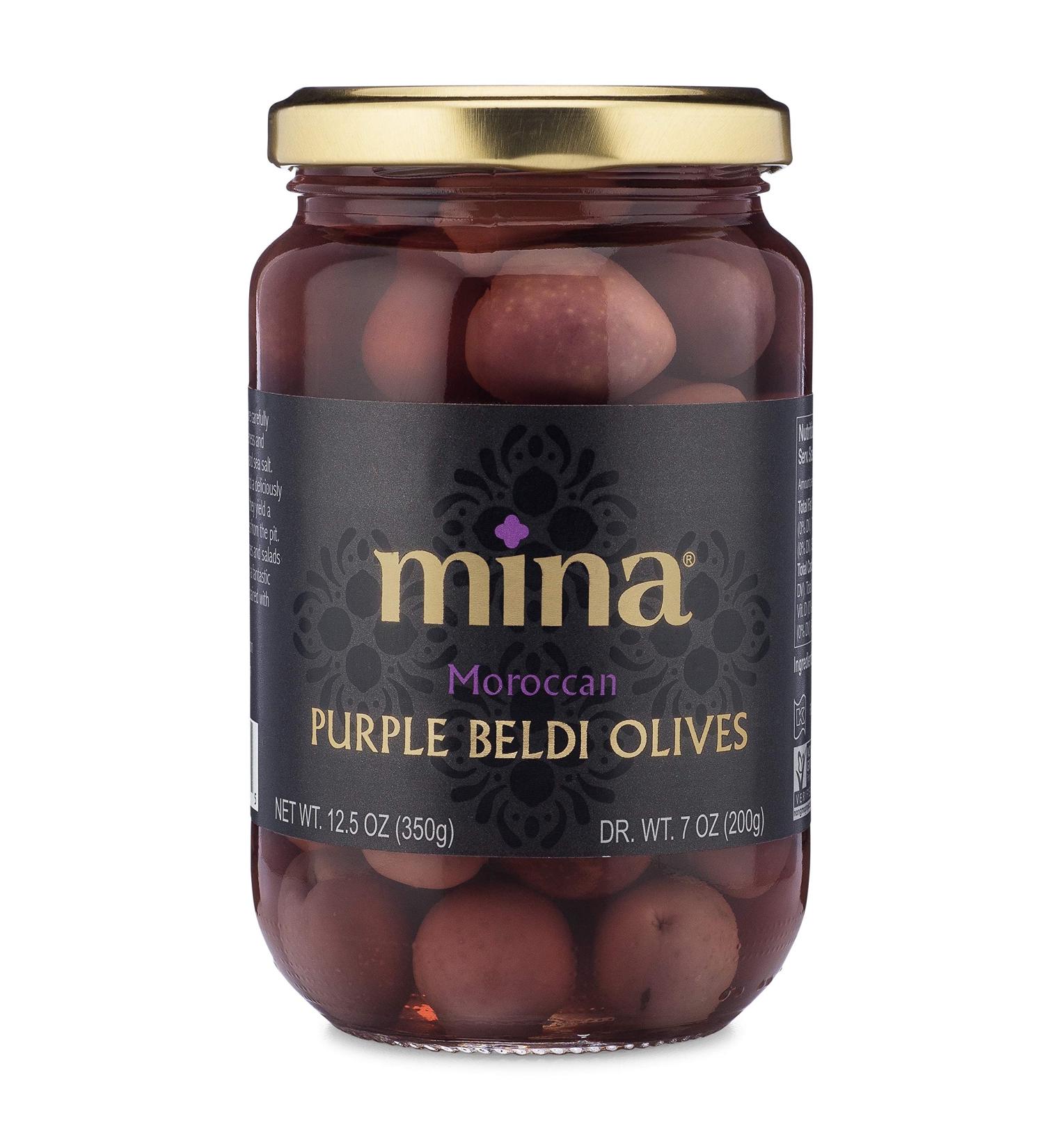 Mina Purple Beldi Olives - Premium Handpicked and Naturally Cured - Gluten Free, Low Carb, Vegan - 12.5 oz - Great Keto Snacks - Buy Online on GoSupps.com