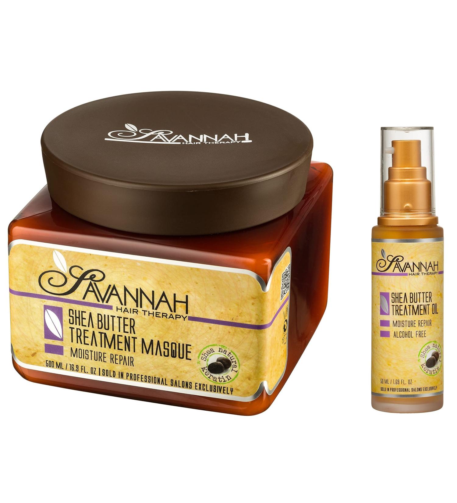 Savannah Hair Therapy Bundle - Shea Butter Treatment Oil & Hair Mask Set for Dry Damaged Hair - Natural Keratin Treatment - Vitamin B6 Infused - Sodium Chloride Free - 1.69 oz + 16.9 oz - Buy Online on GoSupps.com