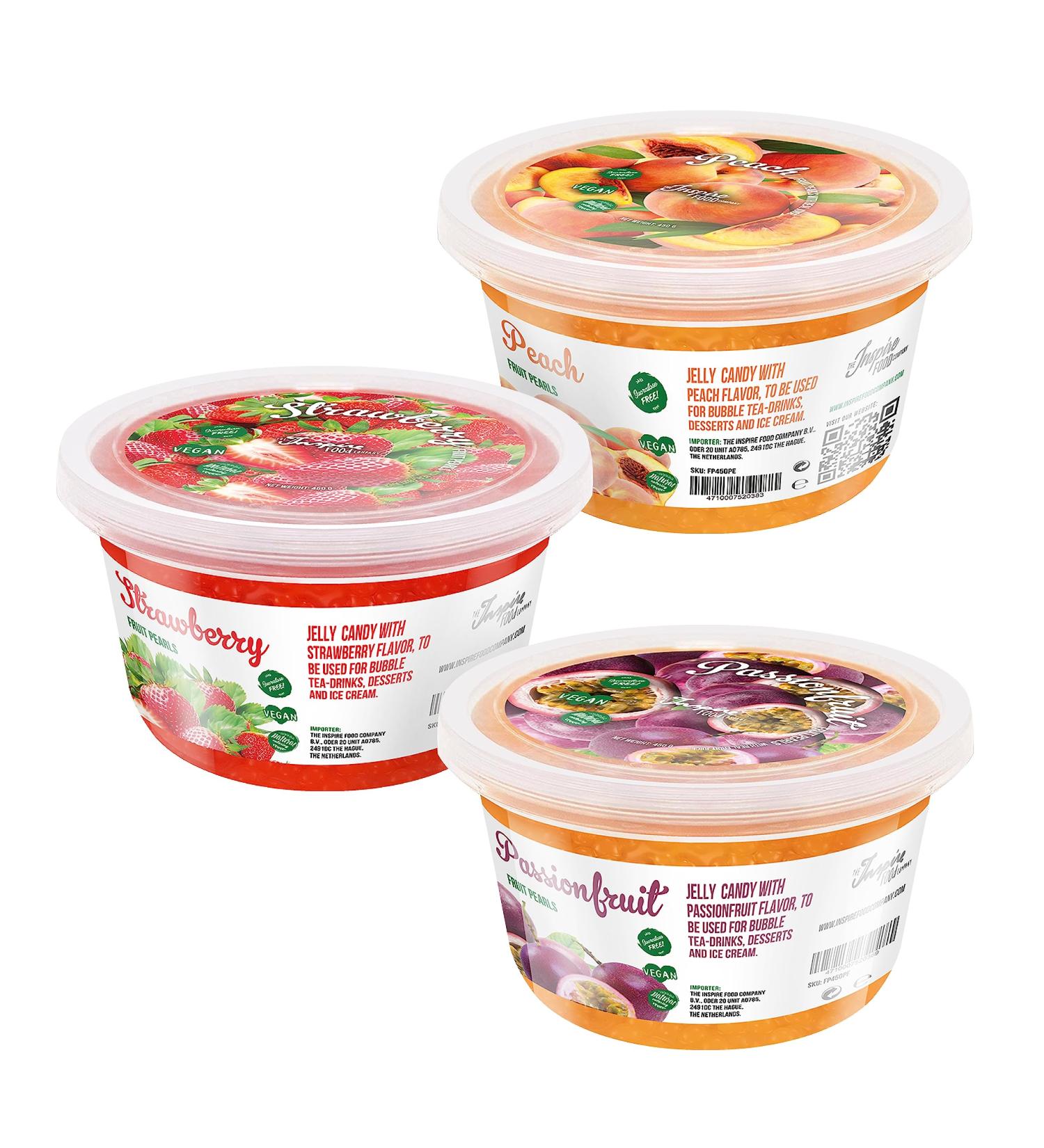 Inspire Food Bubble Tea Pearl Set - 3-Pack Popping Boba Fruit Beads | Vegan & Gluten-Free Tapioca Pearls - Strawberry Maracuja Peach | 450g Each - Buy Online on GoSupps.com