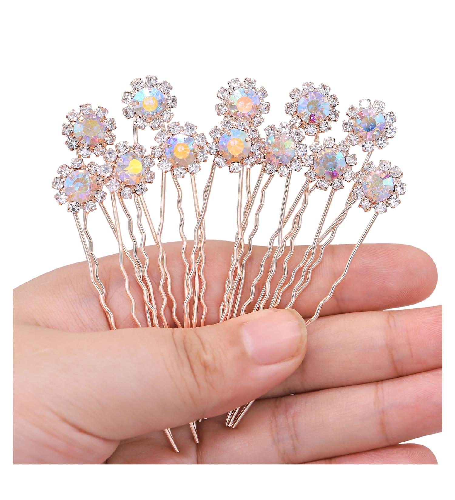 Ammei Crystal Bridal Hair Pins Clips Wedding Hair Accessories Hair Set Jewelry With Rhinestone For Brides and Bridesmaids Set Of 12 (AB Rose Gold) - Buy Online on GoSupps.com