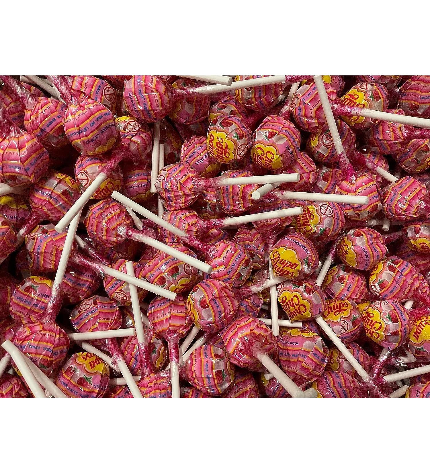 50 x Strawberry And Cream Chupa Chups Lollypops Ideal party bag filler Pinata Prize Easter Egg Hunt Prizes.