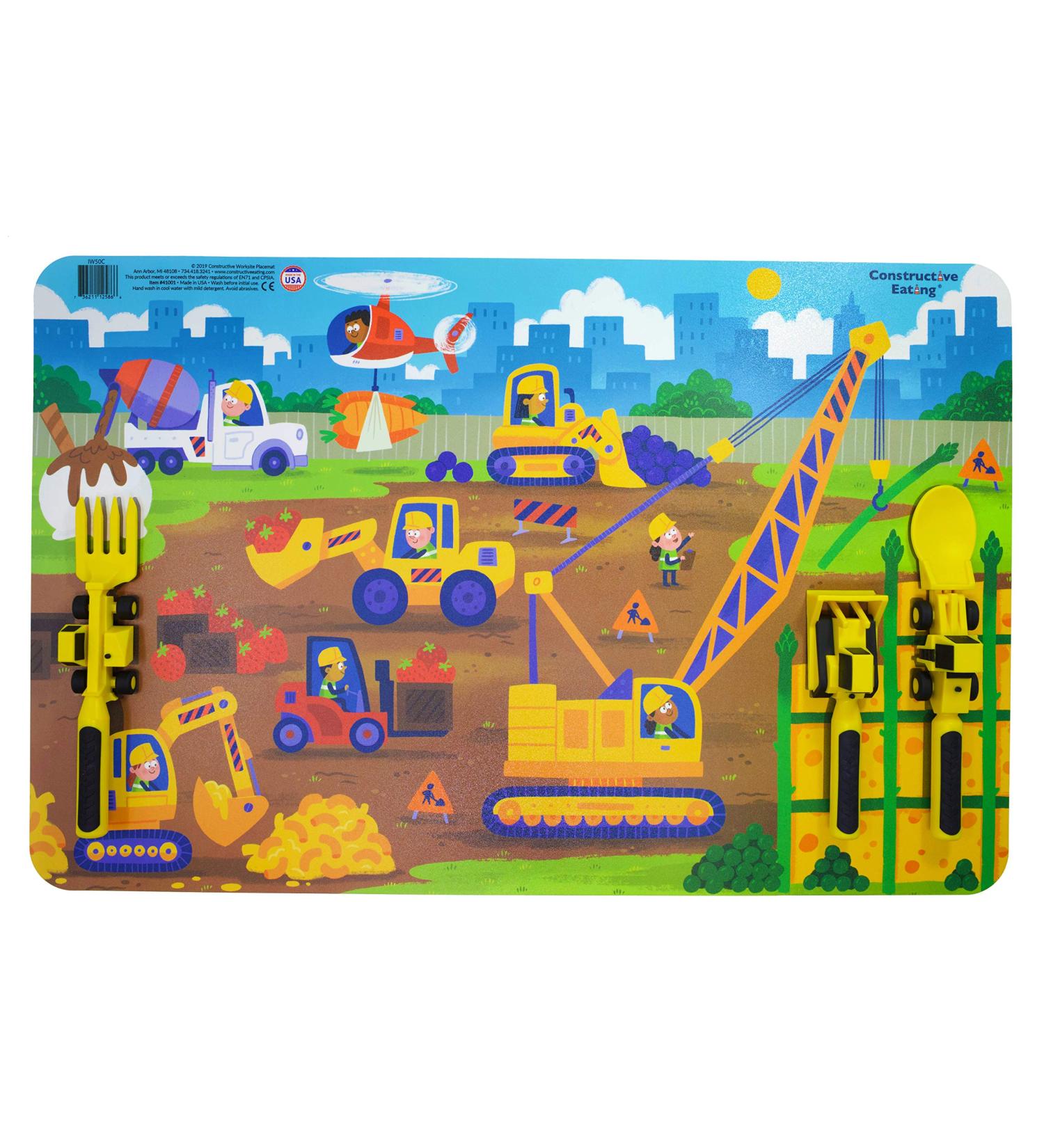 Construction Combo: Made in USA Utensils Set & Placemat for Toddlers - Safe Materials for Babies & Kids - Buy Online on GoSupps.com