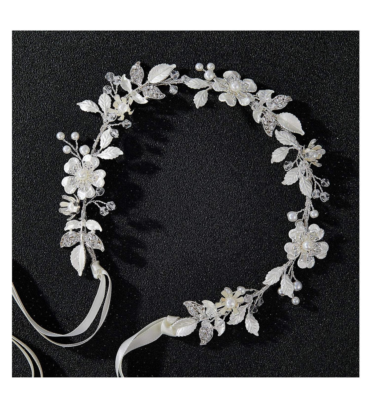 SWEETV Silver Flower-Leaf Bridal Headband | Crystal Wedding Hair Piece for Bride and Flower Girl - Buy Online on GoSupps.com