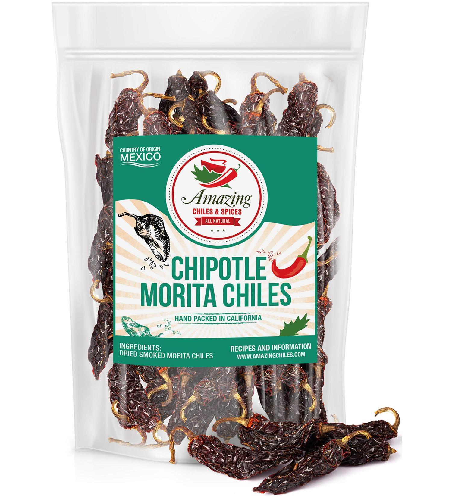 Chipotle Morita Chile Peppers 5 oz - Robust Smokey Flavor for Mexican Recipes - Mole, Sauces, Tamales, Salsa, Meats, Stews - Medium to High Heat - Resealable Bag by Amazing Chiles and Spices - Buy Online on GoSupps.com