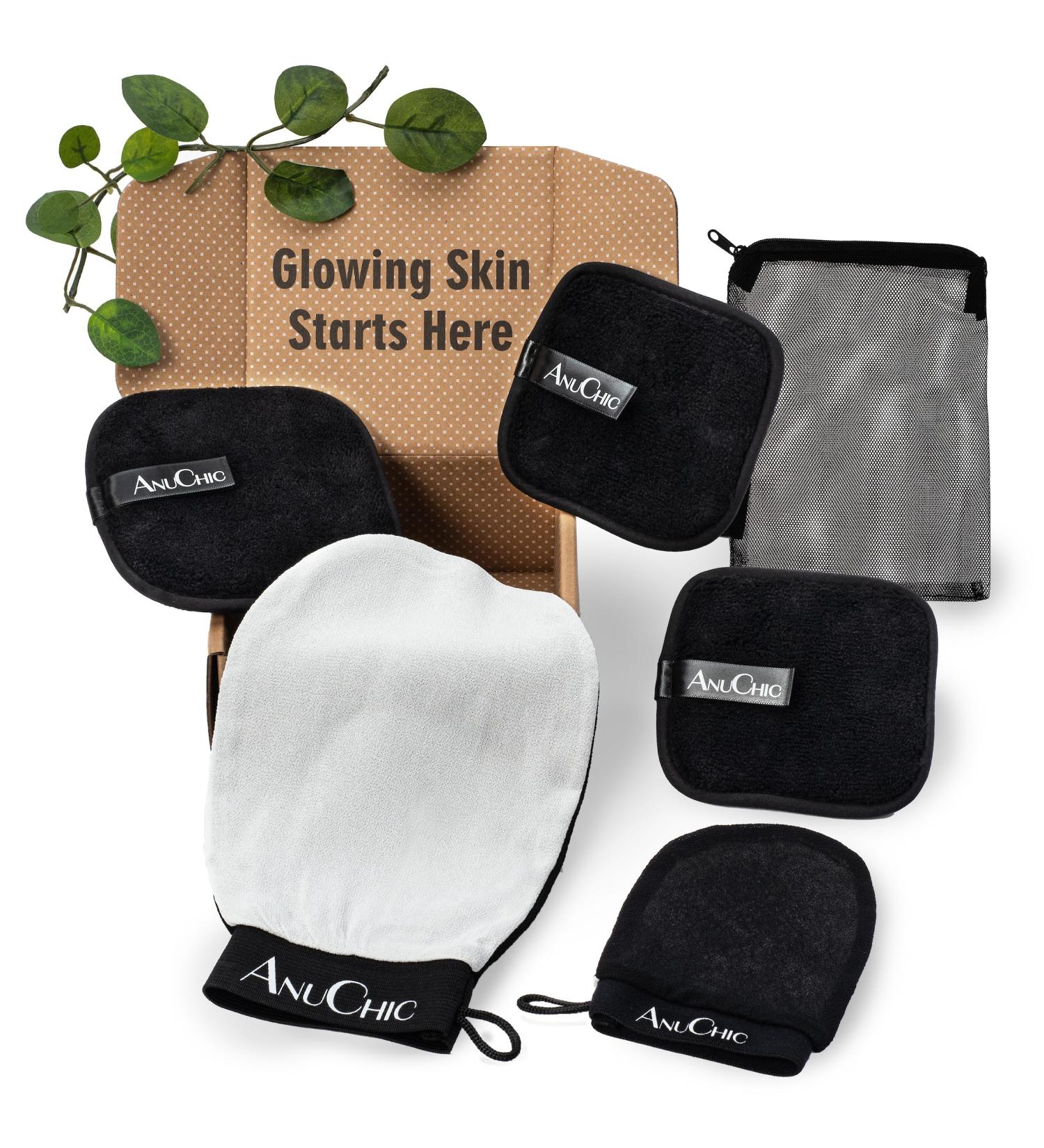 5 Piece Clean Skin Glow Set - Reusable Makeup Remover Pads Exfoliating Mitts & Travel Bag - Gentle Makeup Removal with Water - Buy Online on GoSupps.com