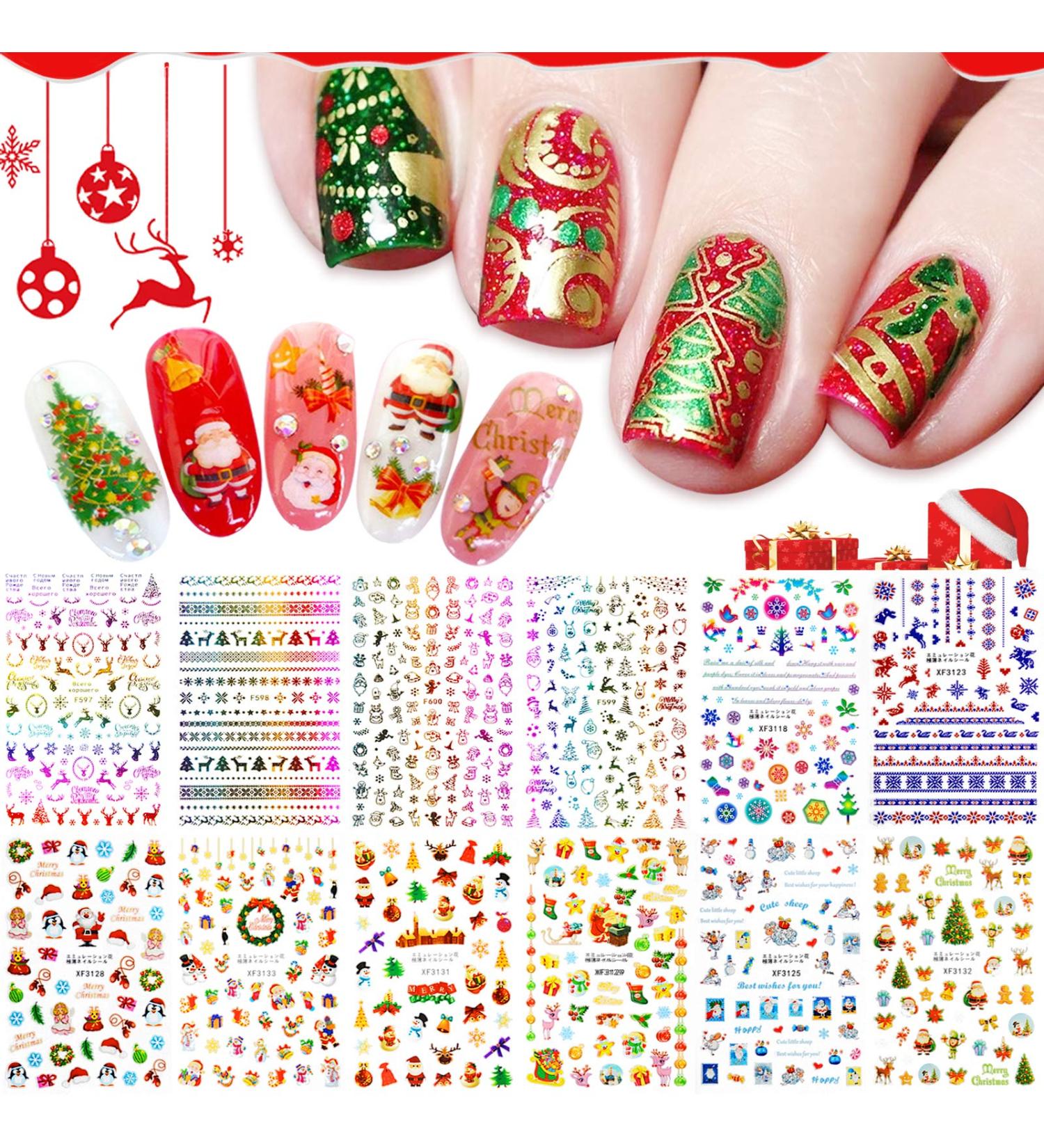 EBANKU 12 Sheets Christmas Nail Art Stickers 3D Self-Adhesive Nail Decals Santa Claus tree Decals Manicure Decoration for Women Girls Kids Fingernails Toenails Decor - Buy Online on GoSupps.com