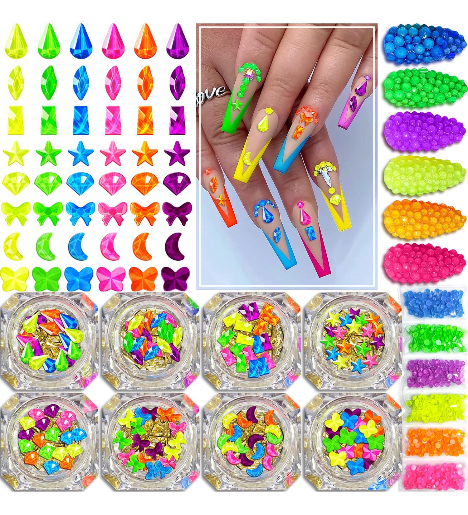 NEON 3D Nail Gem Set - 2500+ Pcs Luminous Charms for DIY Nails Art, Rhinestones for Nails with Bonus Tweezers - Iridescent Decorative Stones - Buy Online on GoSupps.com