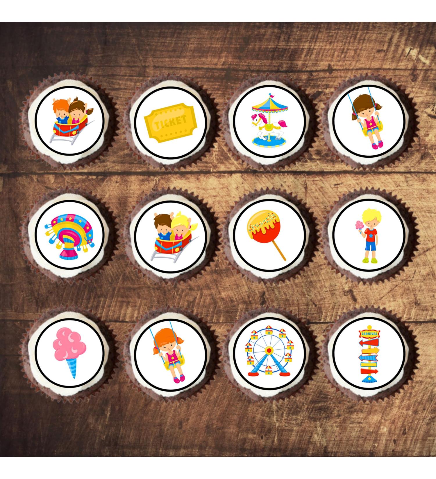PRECUT Fun Fair Cupcake Toppers Theme Park Edible Cake Topper Edible Carnival Cake Decorations Fairground Decorations Circus Cake Decoration Rollercoaster Cake Toppers (12)
