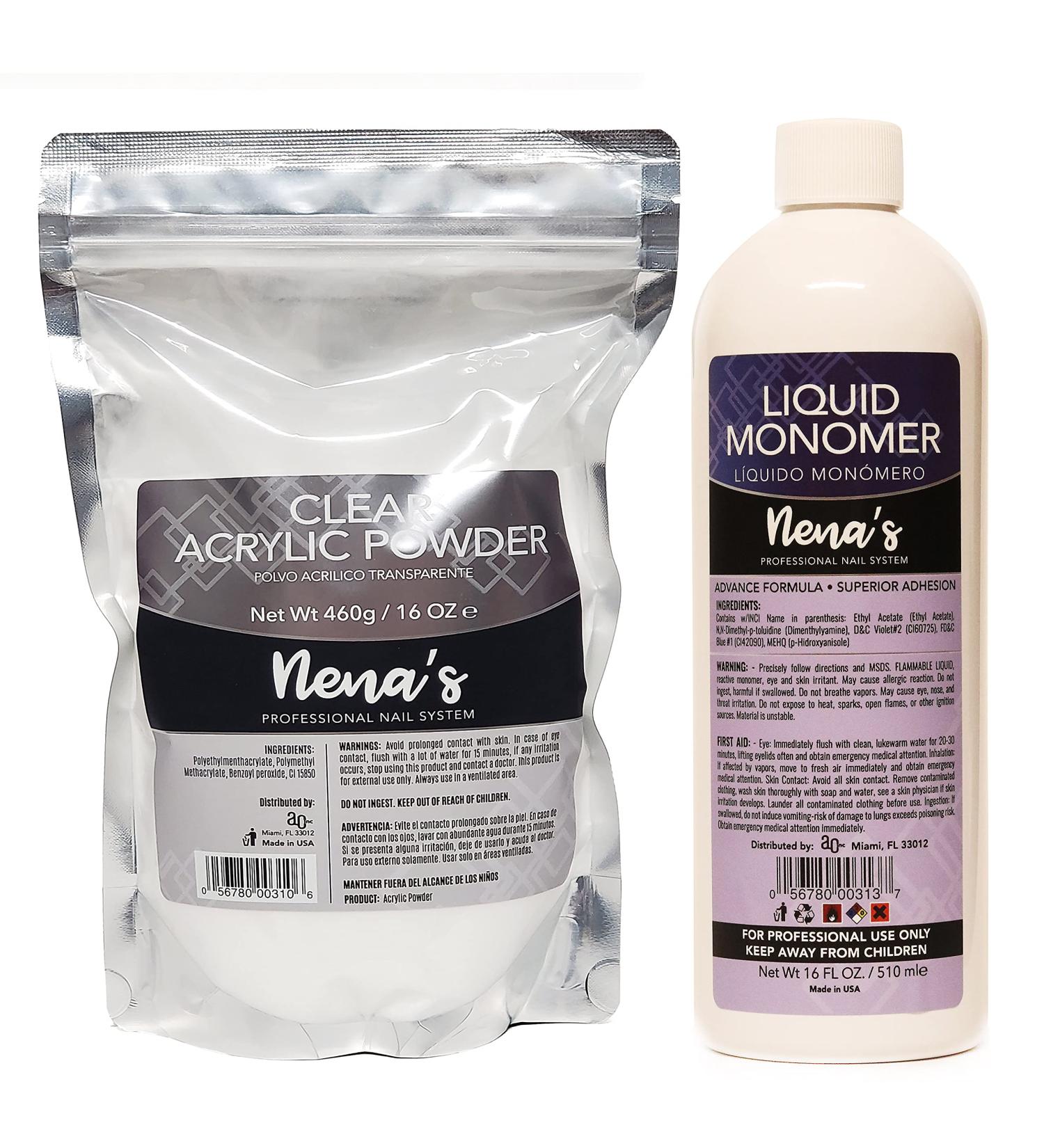 Nena's 16oz Acrylic Liquid monomer + 16oz Clear Acrylic Powder Made in USA Clear Pink (Clear)