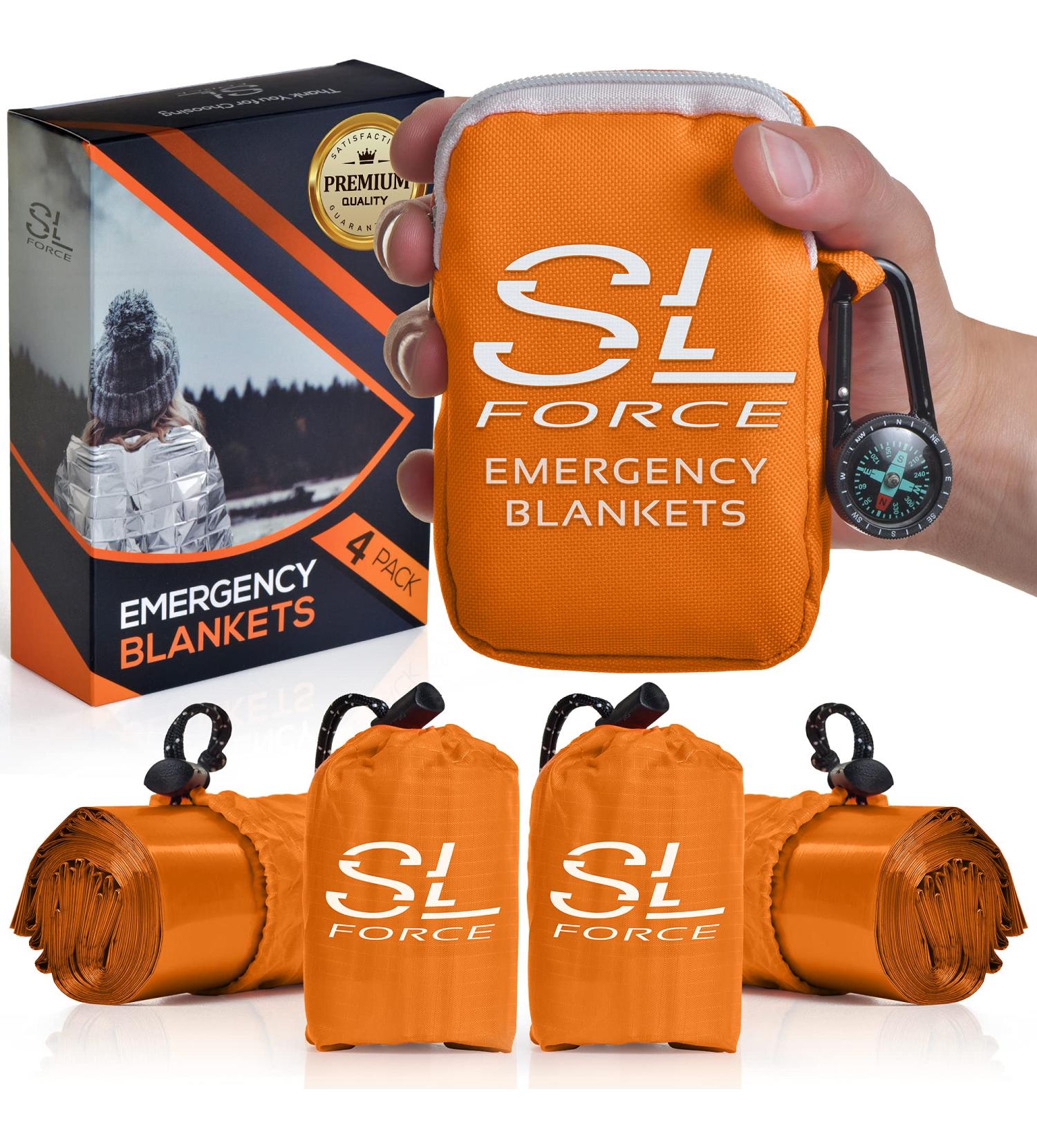 SLFORCE Emergency Blankets for Survival  4 Pack of Gigantic Space Blanket. Comes with Four Extra-Large Mylar Blankets  Compass  and Zipper Bag. The Best Thermal Space Blankets (4  Orange  Extra Large) X-Large Orange 4 - Buy Online on GoSupps.com