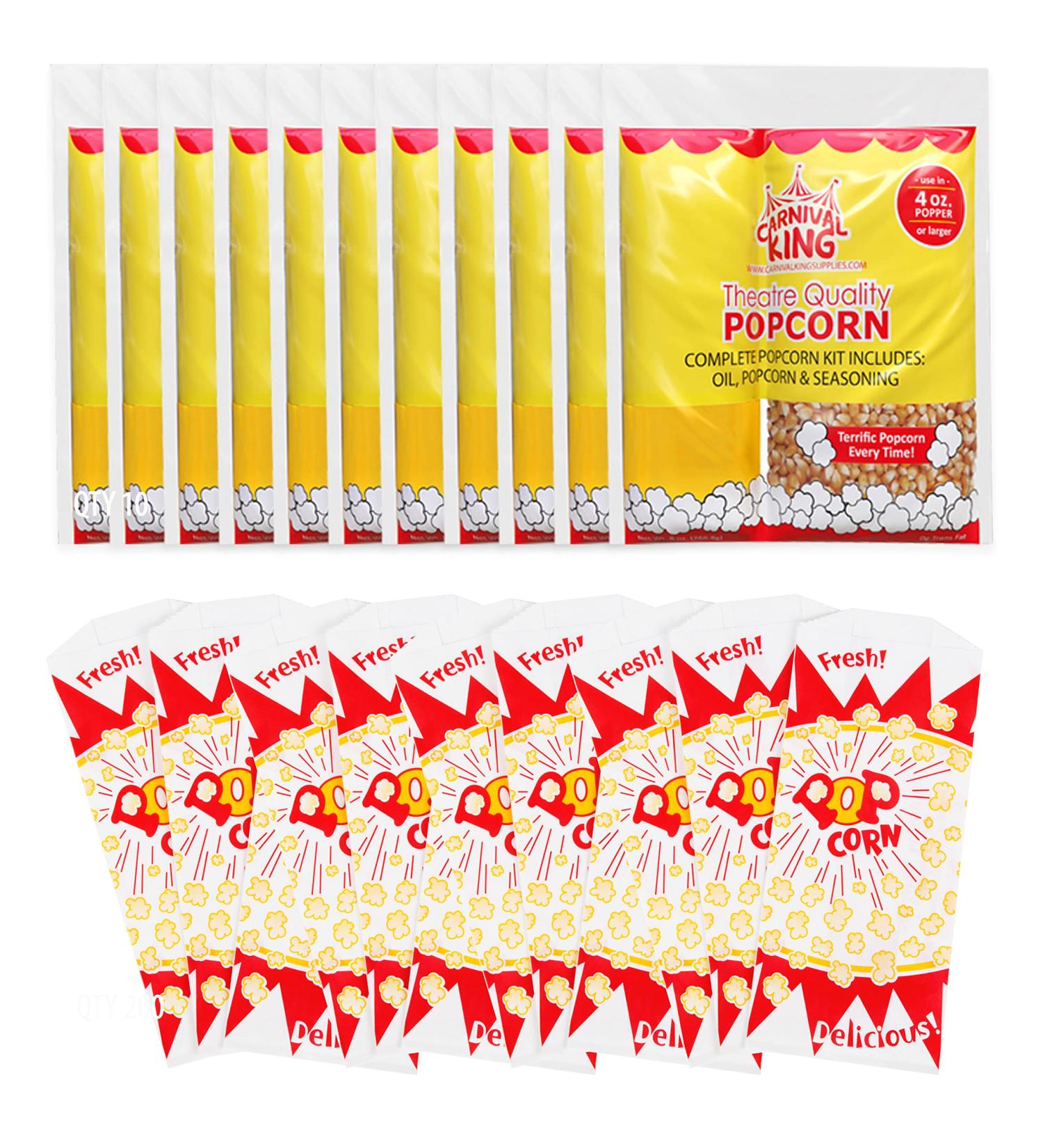 Popcorn Machine Supplies Set - 10 Bags of Large Butterfly Kernels, Salt Seasoning, Popcorn Oil & 200 Paper Popcorn Bags- 1 oz. Refill Kit - Buy Online on GoSupps.com