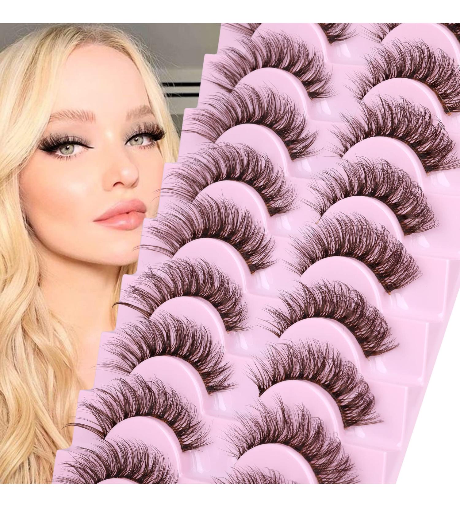 Yawamica Brown Colored Fluffy Wispy Cat Eye False Eyelashes - 10 Pairs Pack (15mm) | Natural Fake Lashes - Buy Online on GoSupps.com