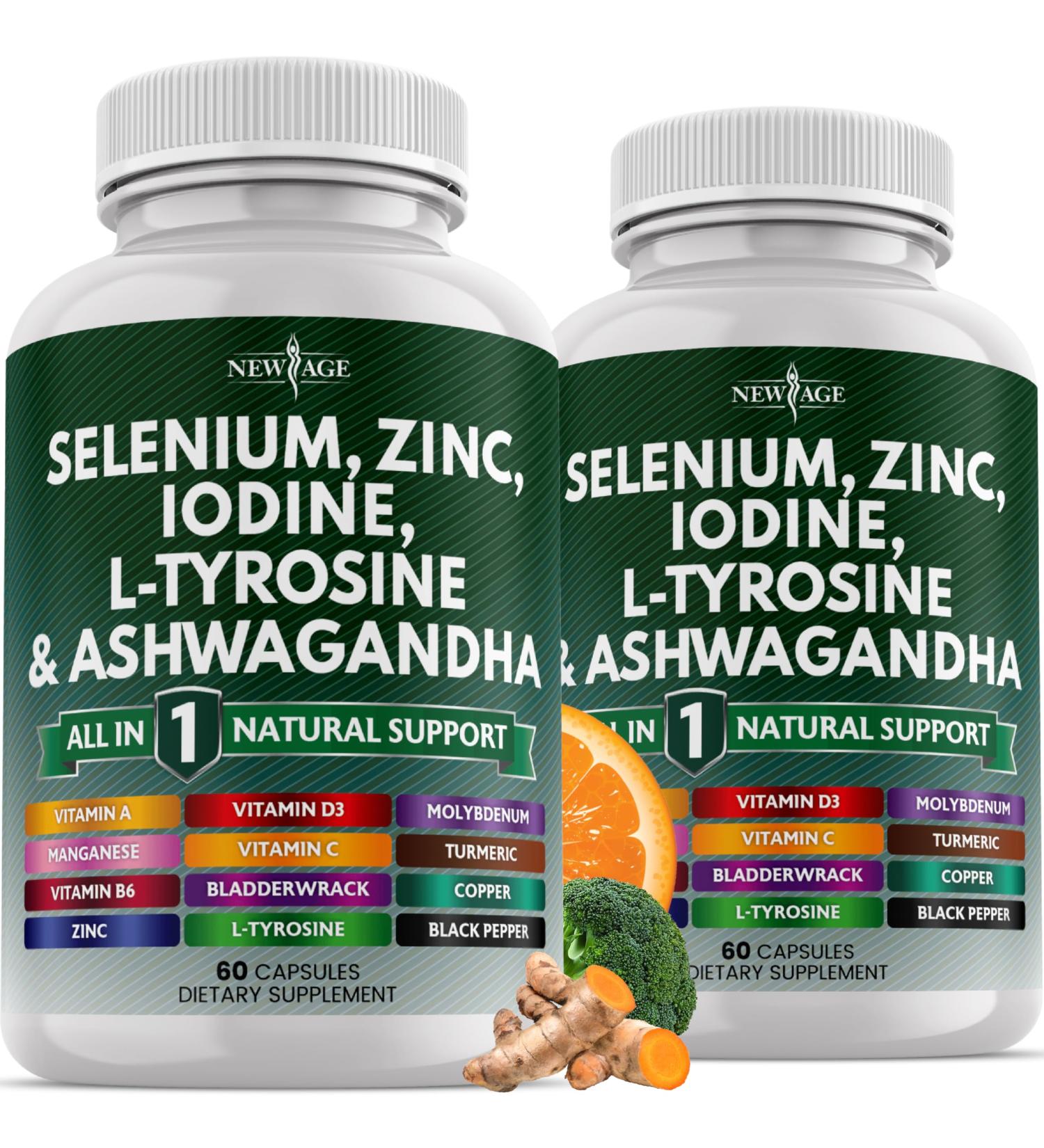 NEW AGE Selenium Zinc Iodine L Tyrosine Ashwagandha - Supplement for Women and Men with Bladderwrack Turmeric Silica Kelp Schisandra - 120 Count 60 Count (Pack of 2) - Buy Online on GoSupps.com