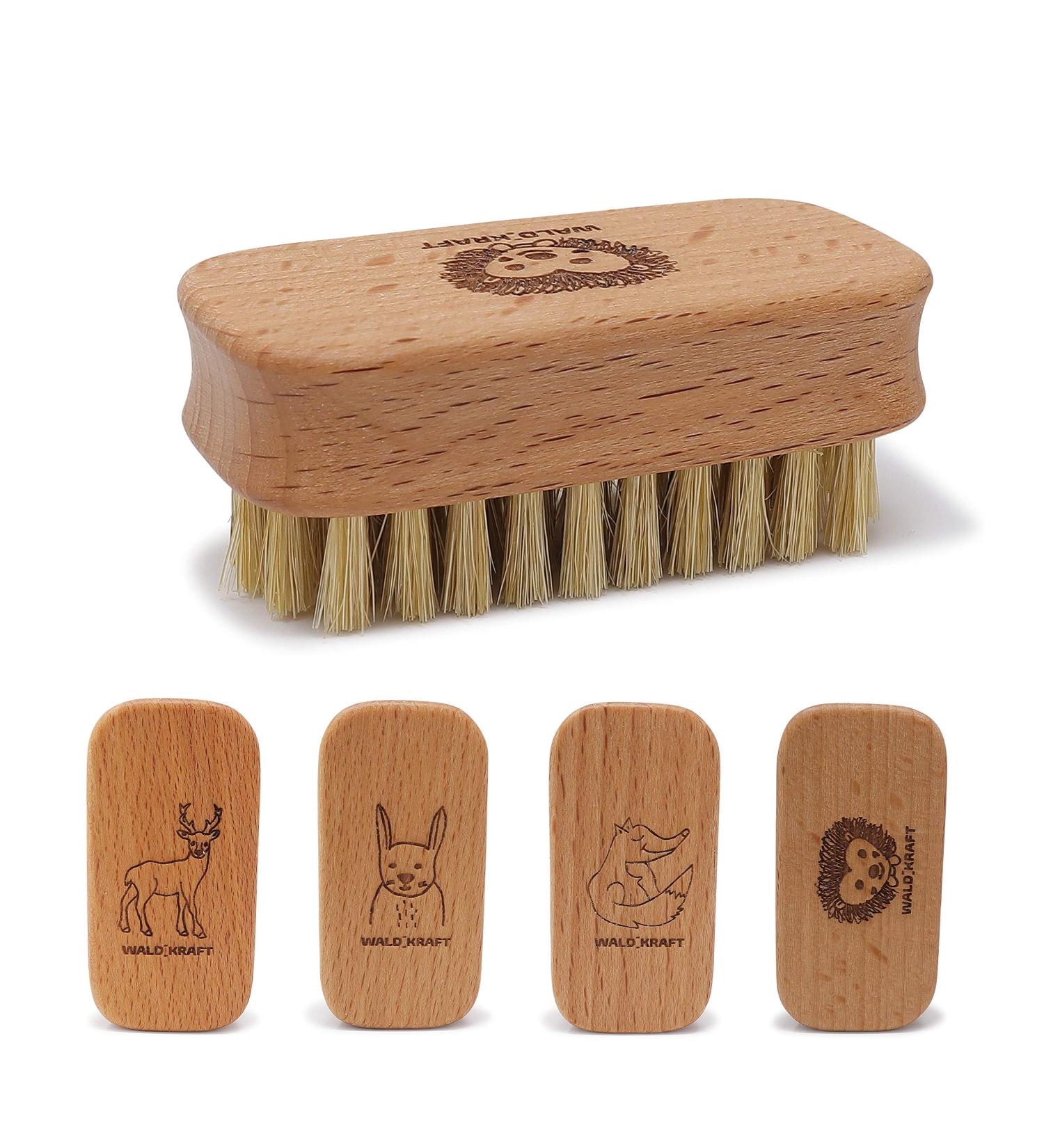 Waldkraft Children's Nail Brush Set | High Quality Beech Wood | 4 Animal Motifs: Fox Rabbit Hedgehog Deer | Natural Bristles for Kids' Hands - Buy Online on GoSupps.com