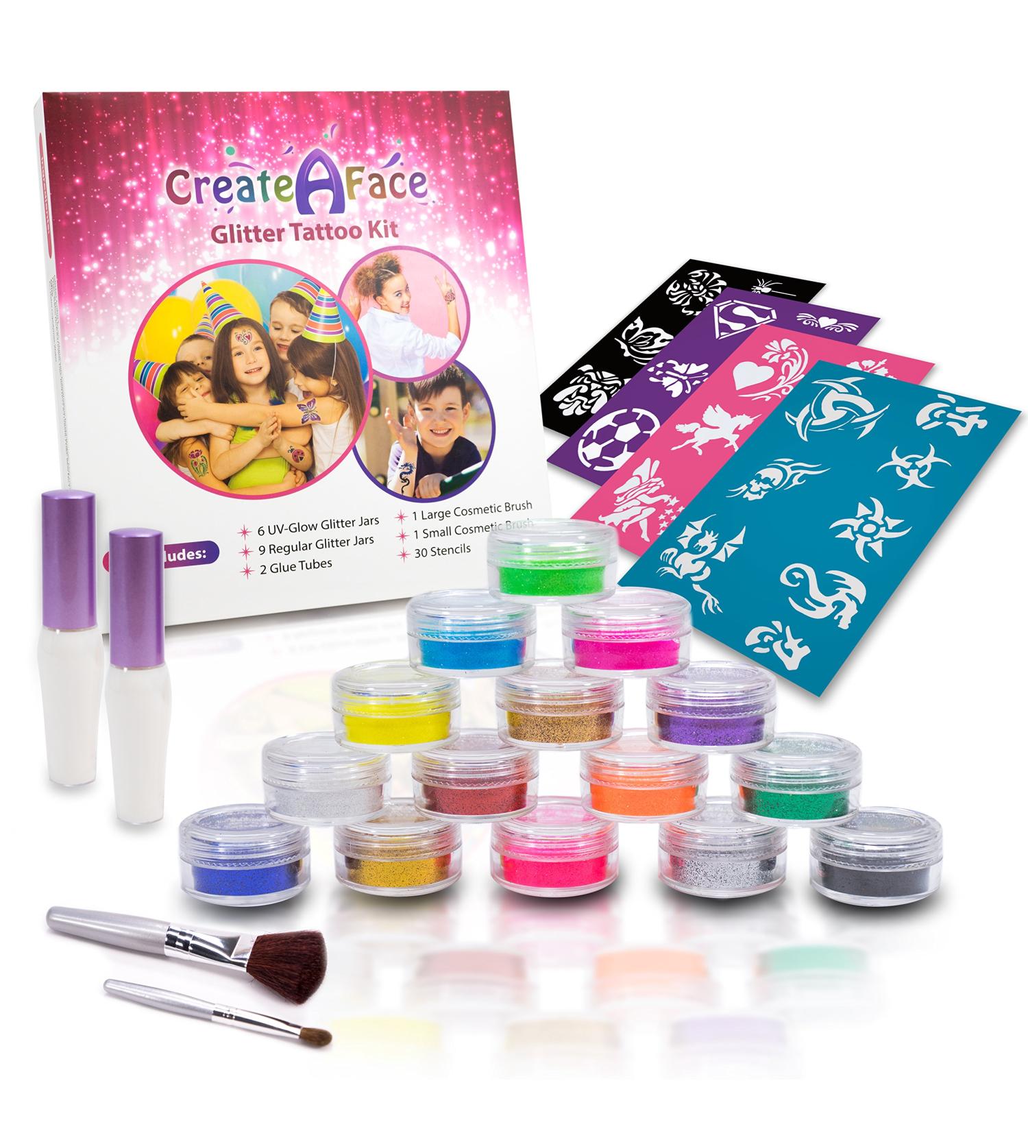 Glitter Tattoo Kit for Girls - 15 Color Jars, 32 Stencils, Glue Applicator & Brushes - Hypoallergenic, Waterproof, Easy to Apply - Buy Online on GoSupps.com