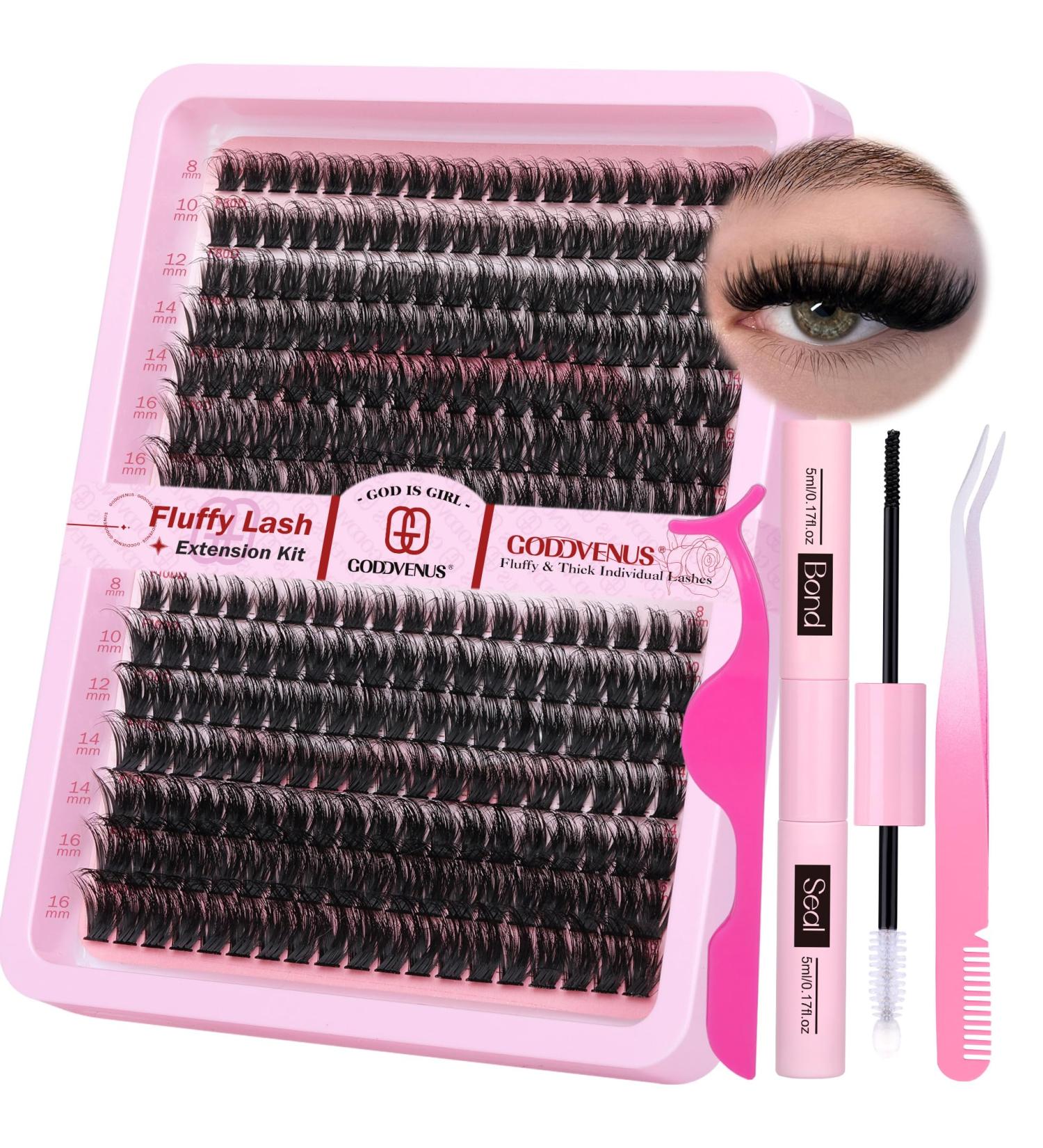 Eyelash Extension Kit Thick Cluster Lashes 280pcs D Curl Individual Eyelashes Lash Extension Kit with Eyelash Clusters Lash Glue Bond and Seal and Lash Tweezers by Goddvenus B-80D+100D Kit-B - Buy Online on GoSupps.com