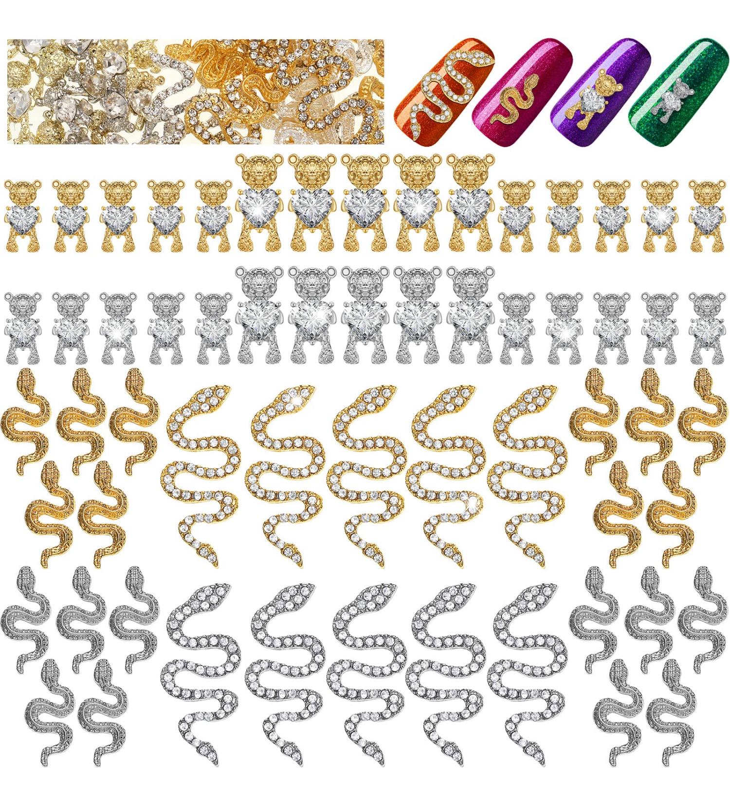 60 Pcs 3D Bear & Snake Nail Charms Set - Crystal, Gold & Silver Gems for DIY Nail Art - Buy Online on GoSupps.com