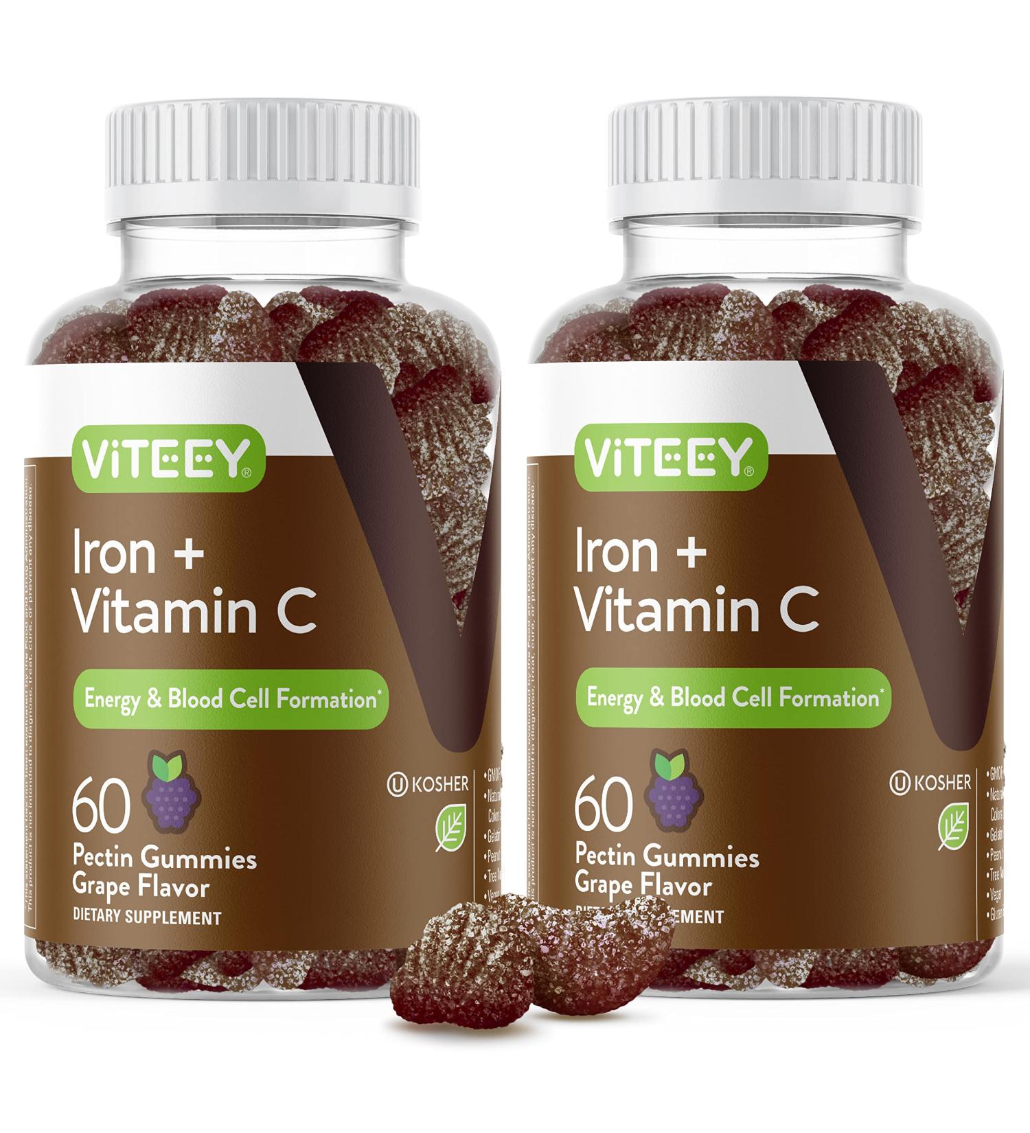 Iron Gummies 20mg + Vitamin C 26mg for Iron Deficiency and Anemia - Energy Support, Blood Cell Formulation - Vegan Chewable Grape Gummy Chews 60 ct (Pack of 2) - Buy Online on GoSupps.com