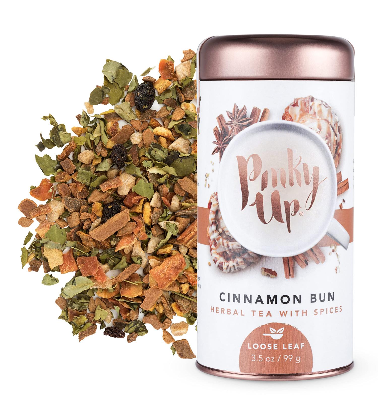 Pinky Up Cinnamon Bun Herbal Tea | Caffeine-Free Loose Leaf Blend | Calorie & Gluten-Free | 3.5oz Tin, 25 Servings - Buy Online on GoSupps.com