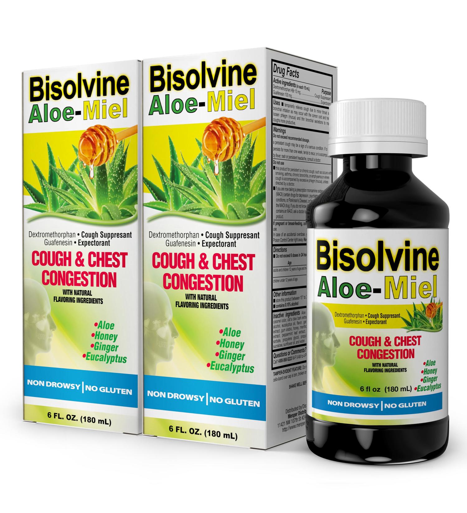 Bisolvine Aloe-Miel Cough Syrup - Effective Cough Suppressant & Expectorant with Guaifenesin & Dextromethorphan for Throat Relief & Mucus Control - Cold & Cough Relief Solution 6 fl oz 2-Pack - Buy Online on GoSupps.com