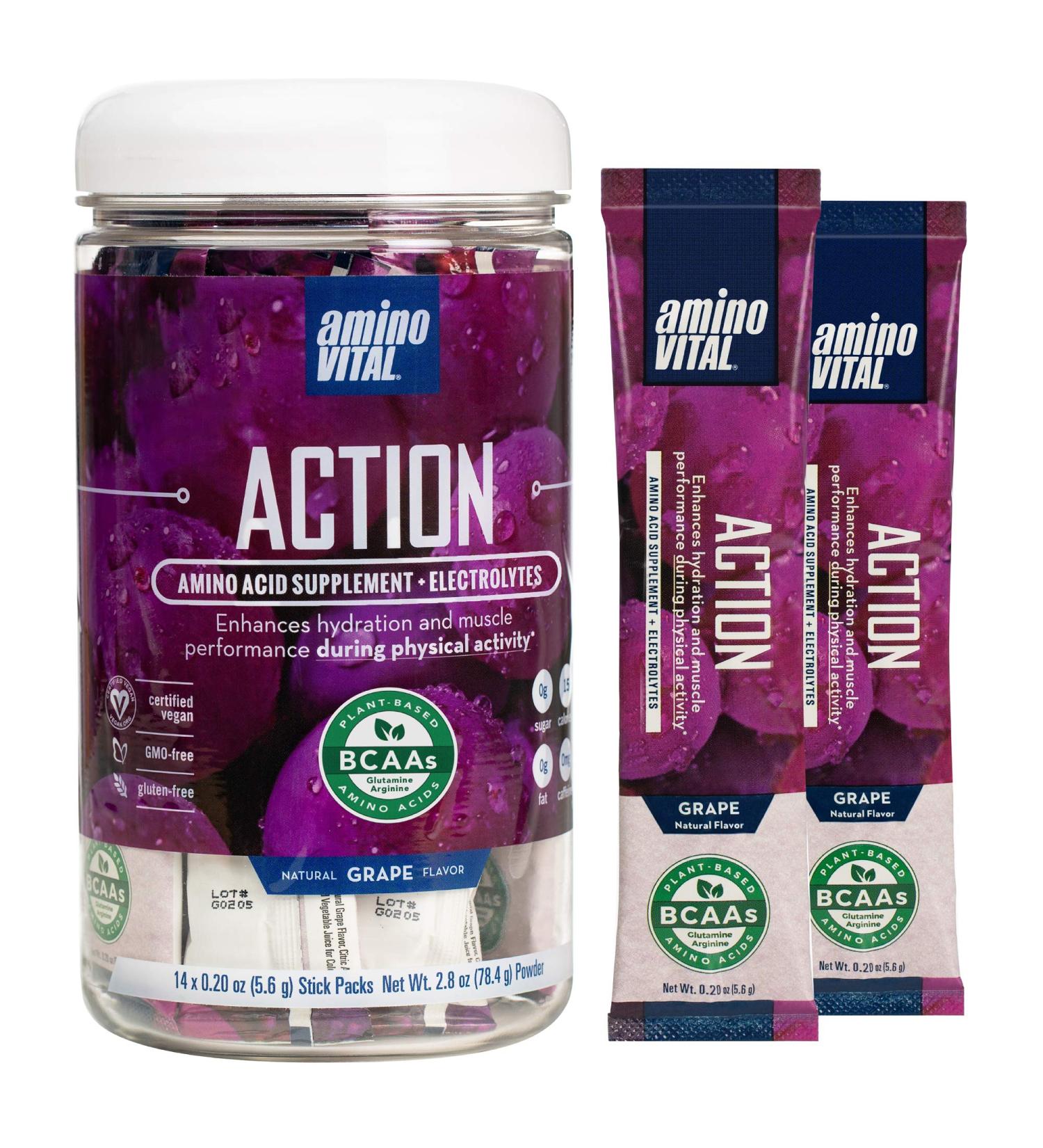 Amino VITAL Action BCAA Pre Workout Packets with Electrolytes for Energy | Caffeine-Free Keto Vegan Supplement | Grape Flavor- 14 Count - Buy Online on GoSupps.com