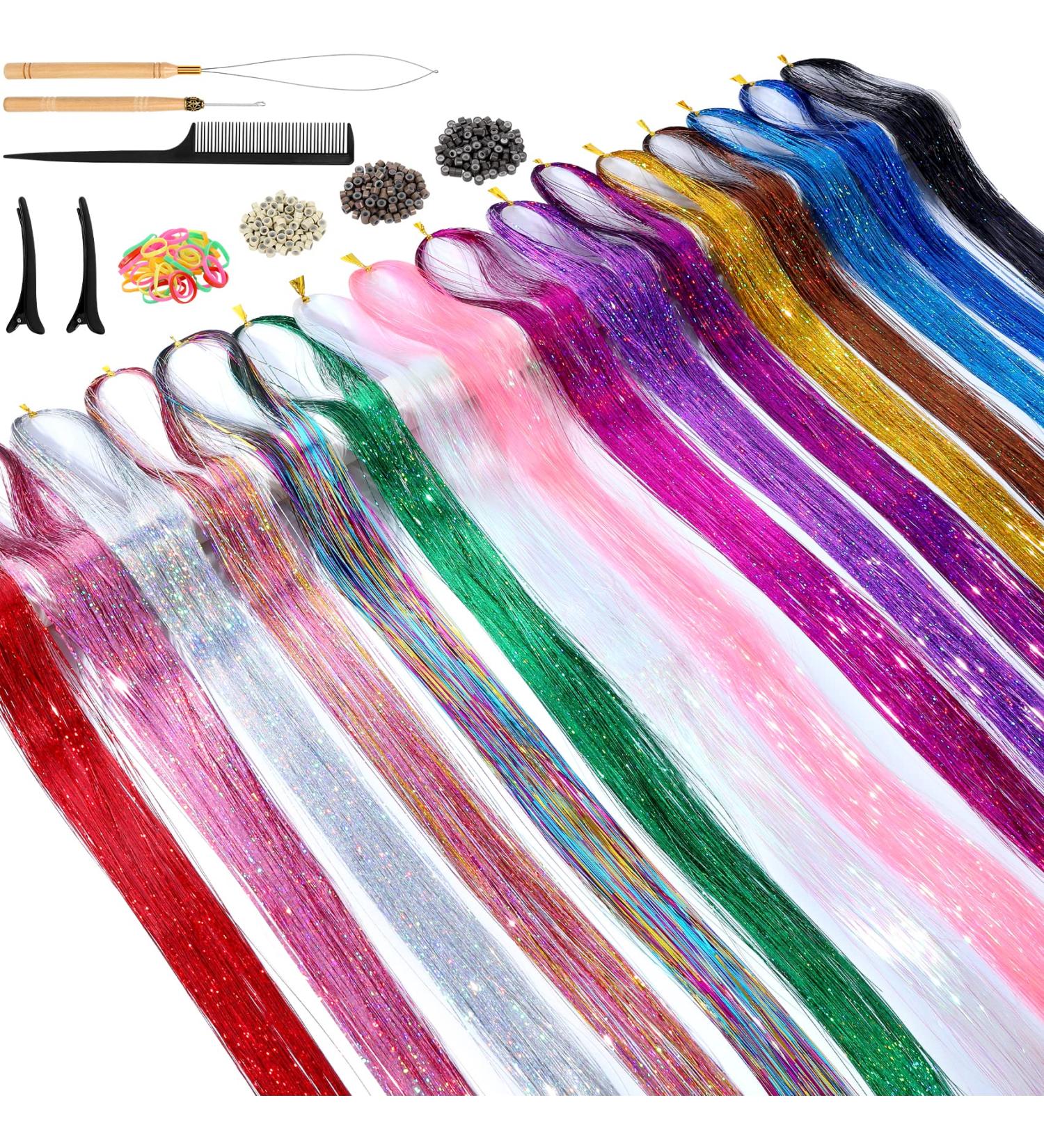 Glitter Hair Tinsel Kit - 48 Inch, 16 Colors, 4000 Strands - Heat Resistant Hair Extensions for Girls & Women - Buy Online on GoSupps.com