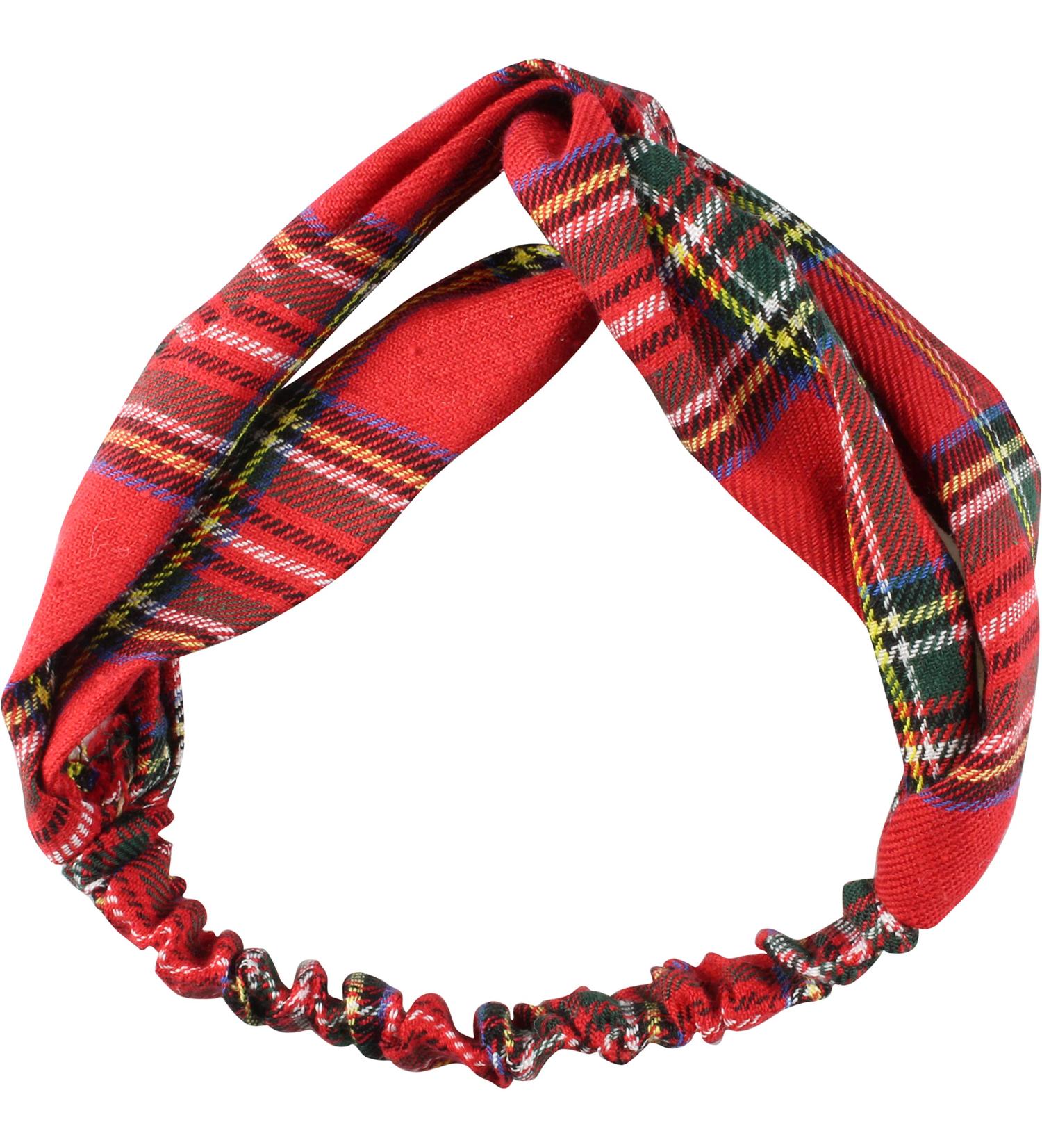 Crossover headband with knot and red tartan Red tartan pattern