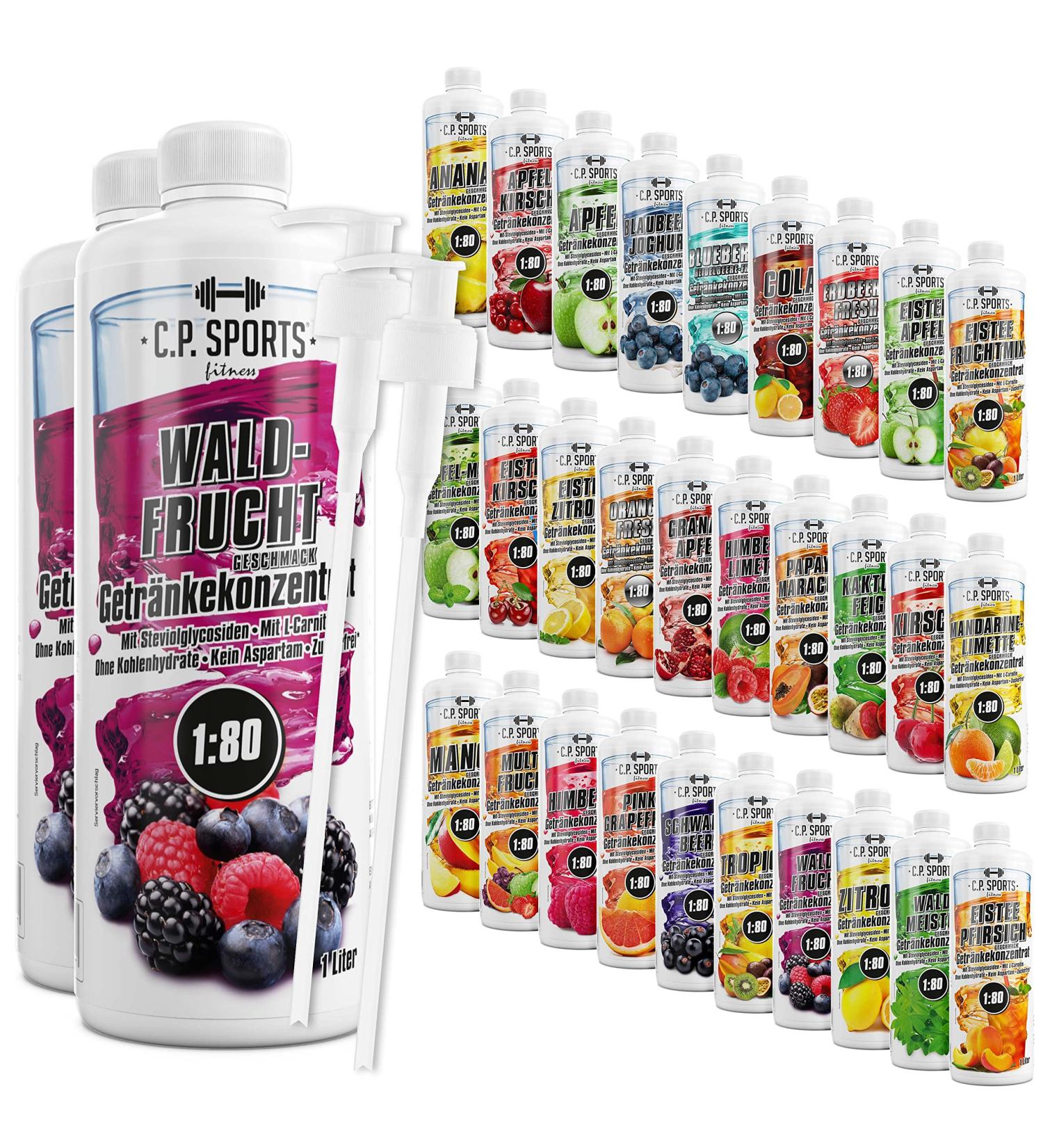 C.P.Sports Sugar-Free Beverage Syrup - Forest Fruit Drink Concentrate with Vitamins | 2L + 2 Pump Donors | Sports Nutrition Ideal for Mixing with Water - Buy Online on GoSupps.com