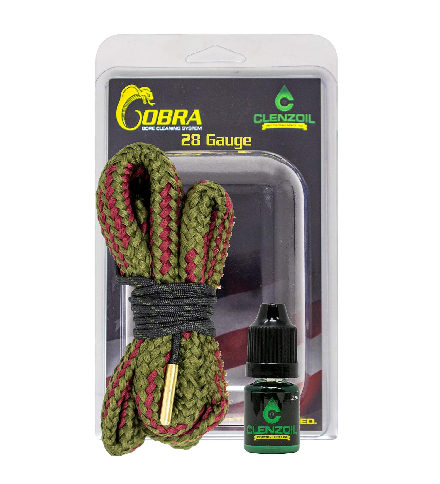 CLENZOIL Field & Range 28 Gauge Cobra Bore Cleaner | Gun Barrel Cleaning Tool Kit for 28 Ga. Shotgun | Brass Brush Embedded in Woven Barrel Rope | Includes CLP Gun Bore Cleaner Solution