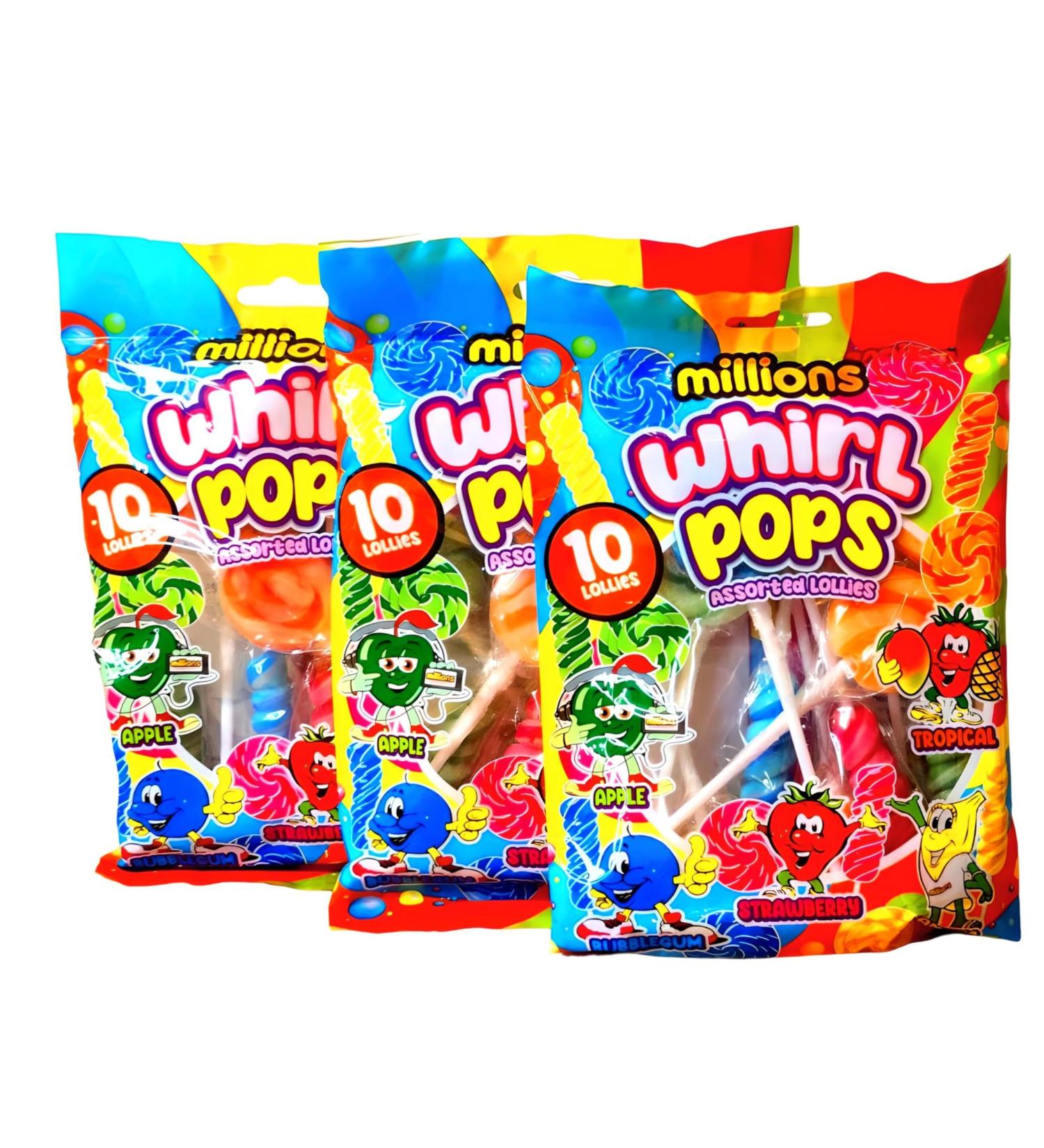 Millions Mini Whirl Pops Assorted Flavors 3 Bag Bundle 100g Each with 10 Lollipops Per Bag - Buy Online on GoSupps.com
