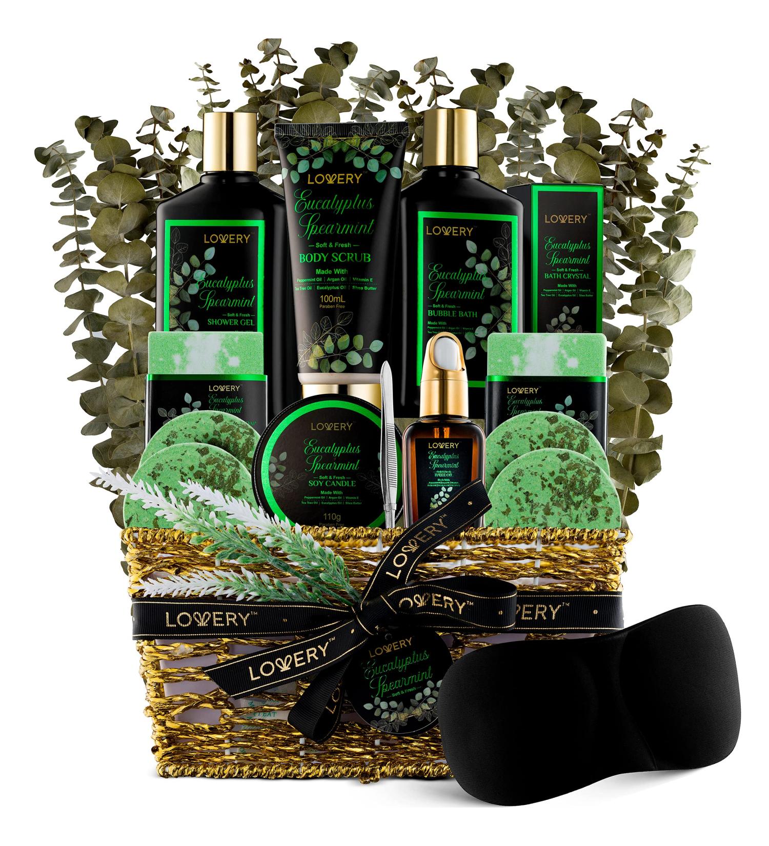 Natural Eucalyptus Spearmint Bath Set - 17 Pcs Home Spa Gift Basket with Mint Fragrance for Aromatherapy - Bath Oil, Shower Gel, Bubble Bath, Crystal, Steamer Tablet & More - Buy Online on GoSupps.com