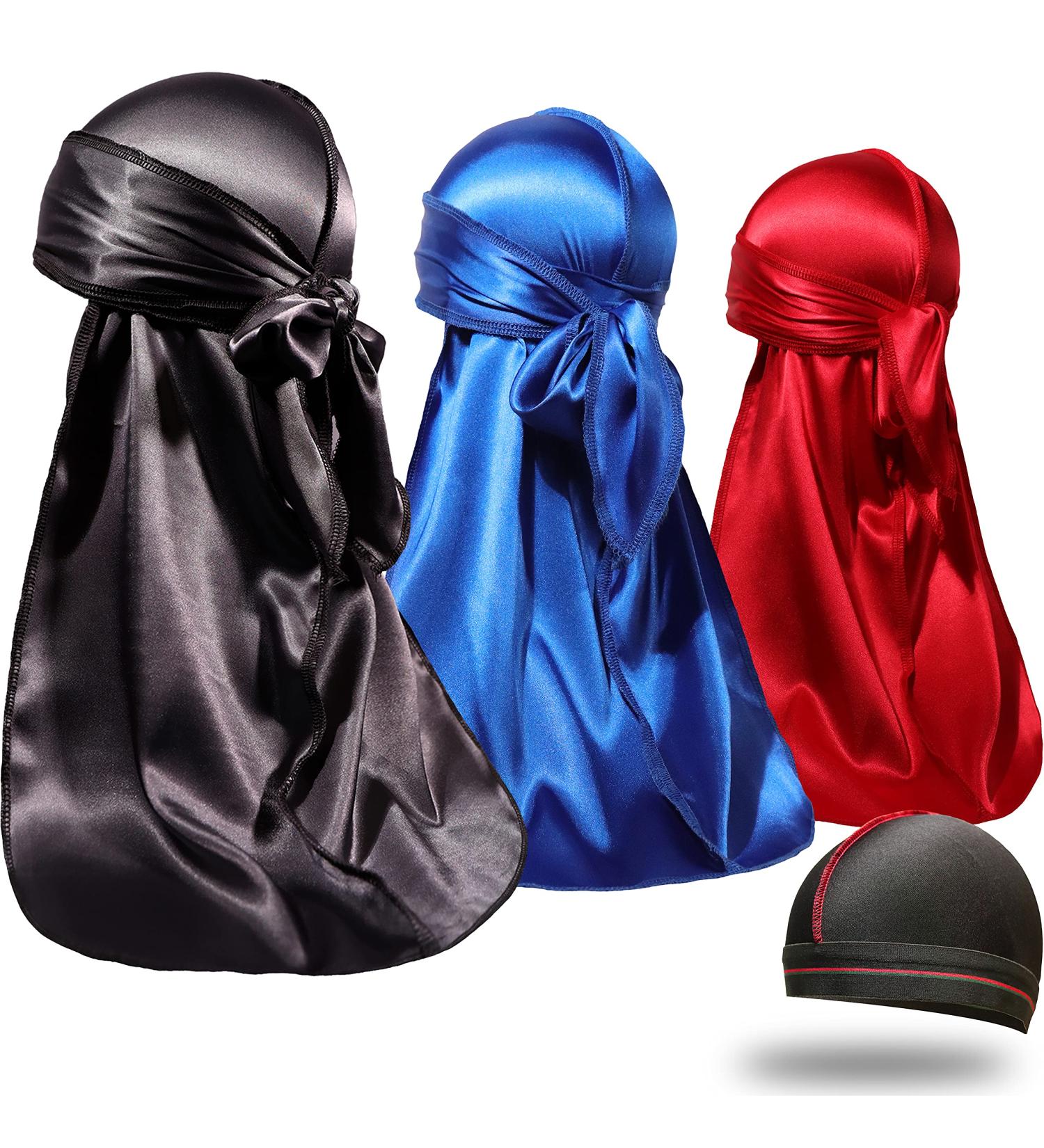 ForceWave 4-Piece Silky Durags and Wave Cap Pack for Men - Satin Du-Rag Set in Blue, Red, Black - Buy Online on GoSupps.com