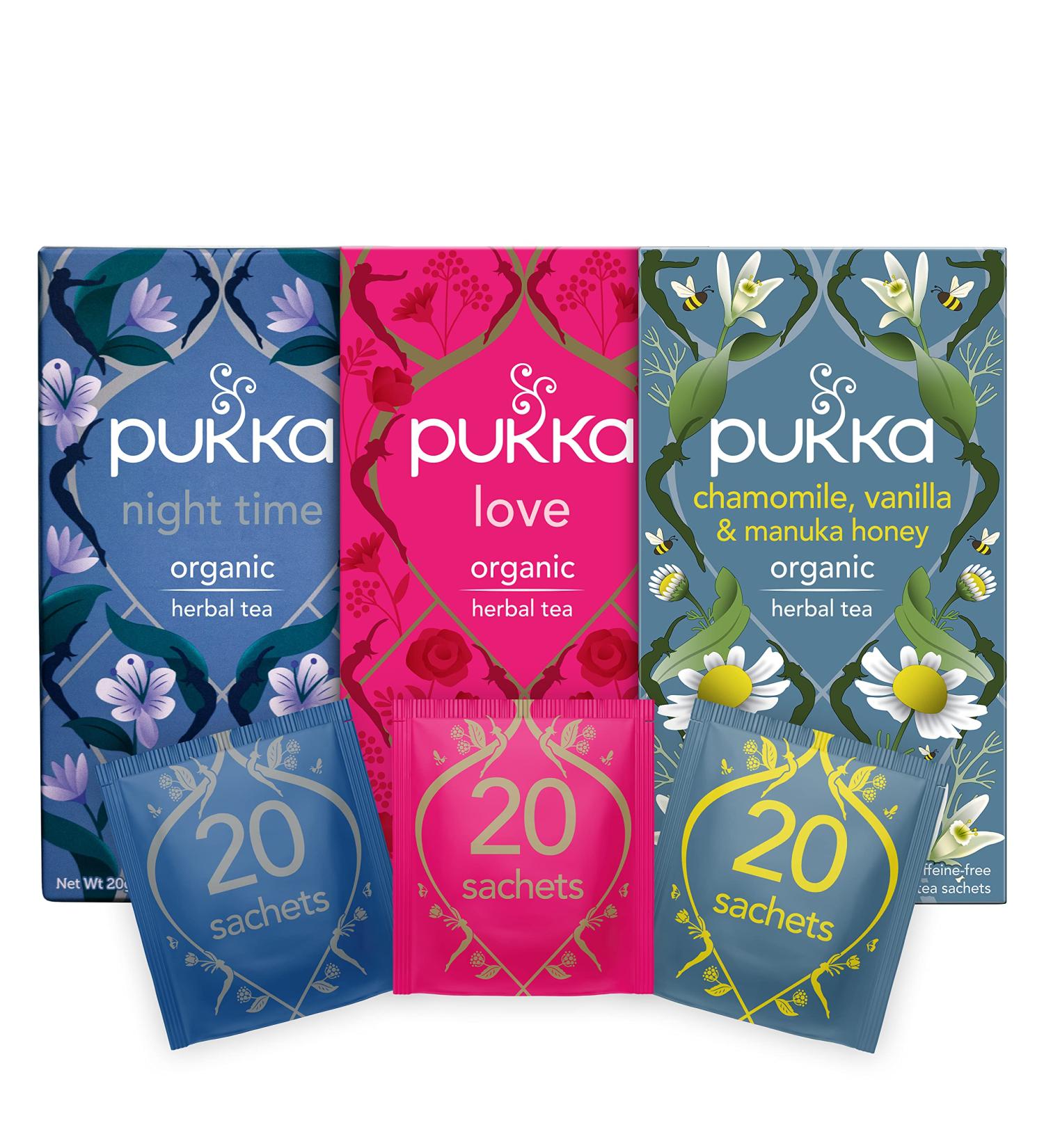Pukka Herbs Relaxing Tea Selection - Love Night Time, Chamomile Vanilla, Manuka Honey - 3 Boxes, 20 Sachets Each - 80 Count - Buy Online on GoSupps.com