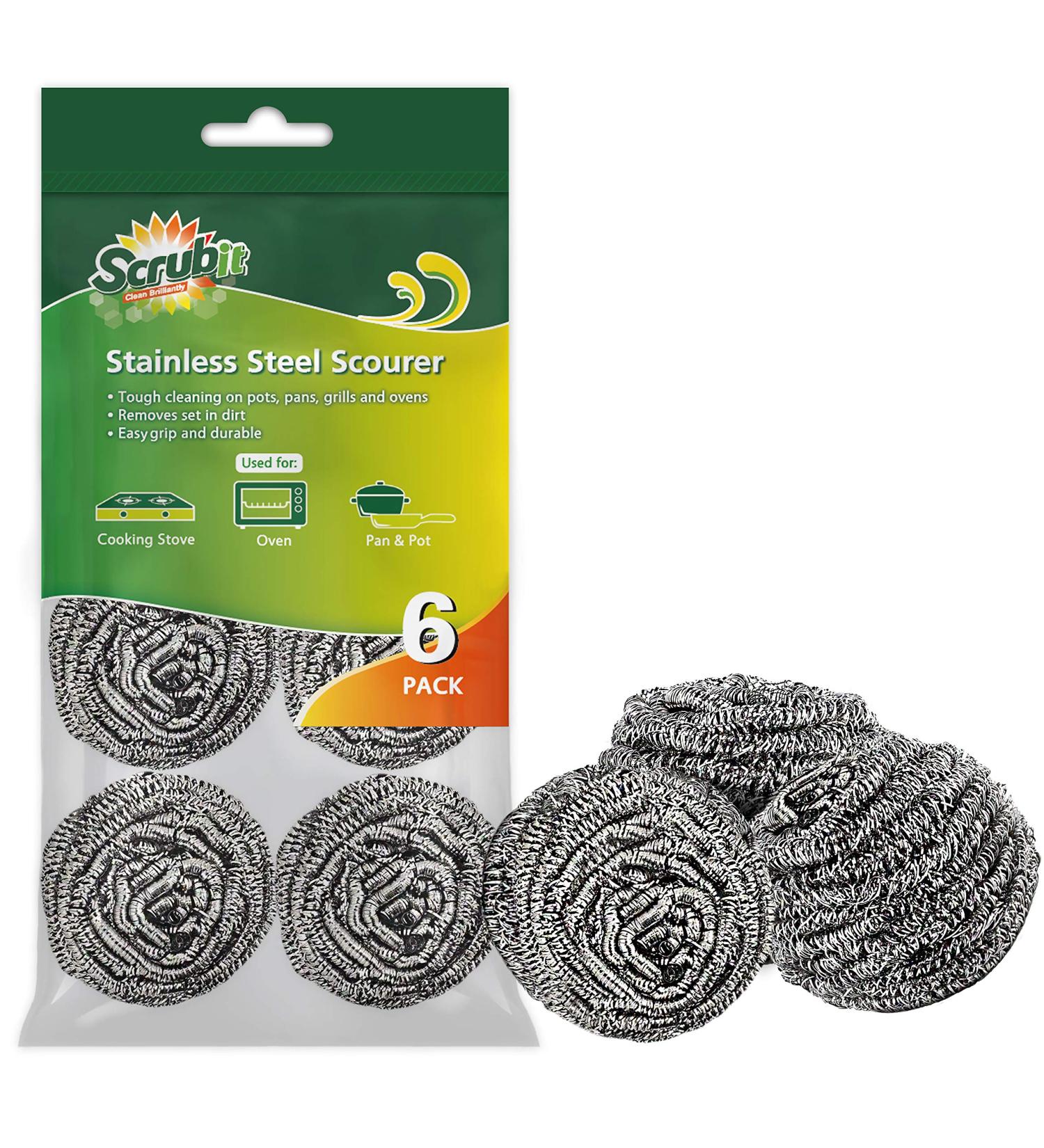 SCRUBIT 6 Pack Stainless Steel Scourers - Kitchen Scrubber Pads for Dishes, Pots, Pans, Ovens - Tough Cleaning Solution - Buy Online on GoSupps.com