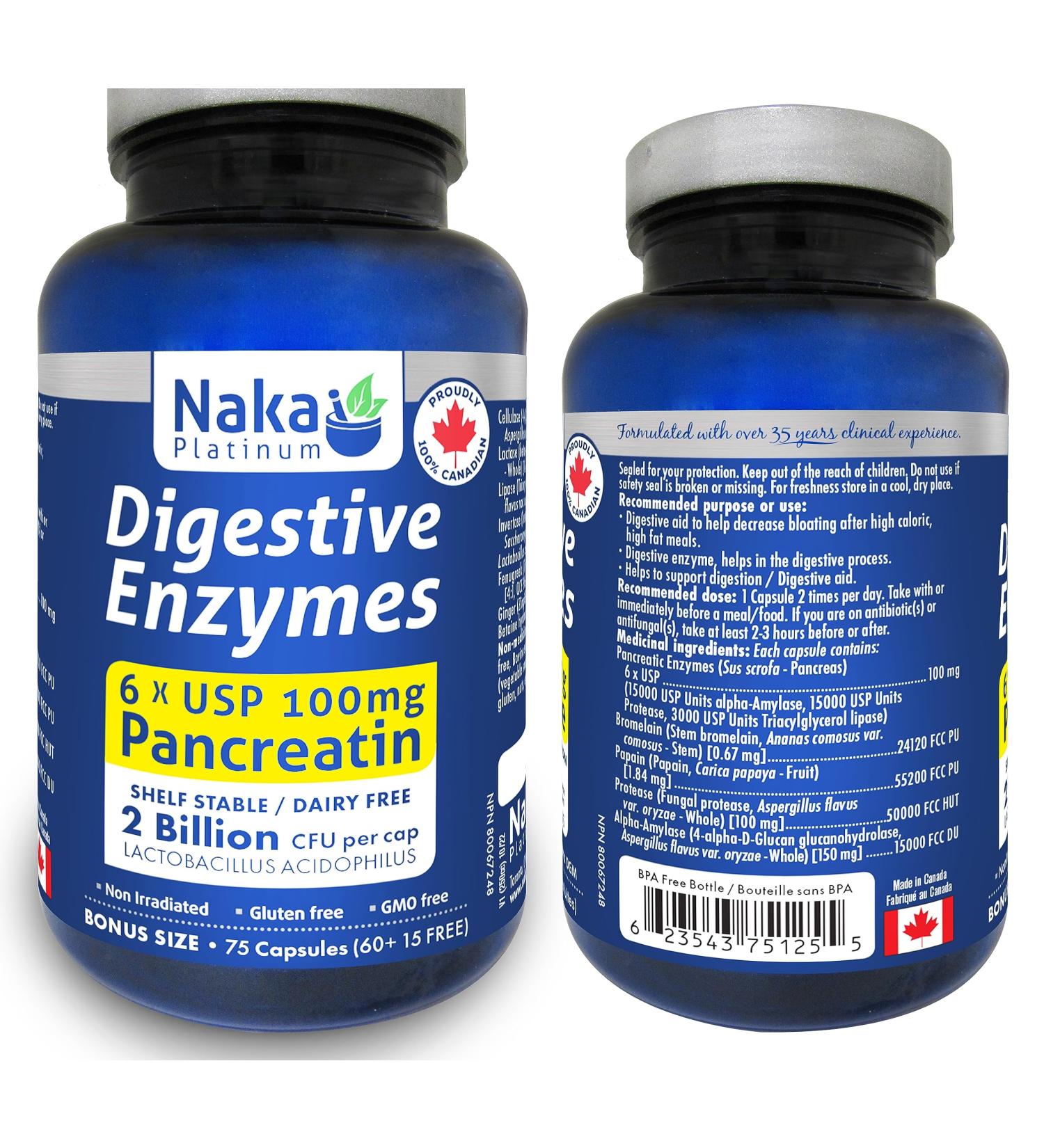 75 caps Naka Platinum Digestive Enzymes 6 X USP 100mg Pancreatin 2 Billion CFU per cap SHELF STABLE/DAIRY FREE Made in Canada - Buy Online on GoSupps.com