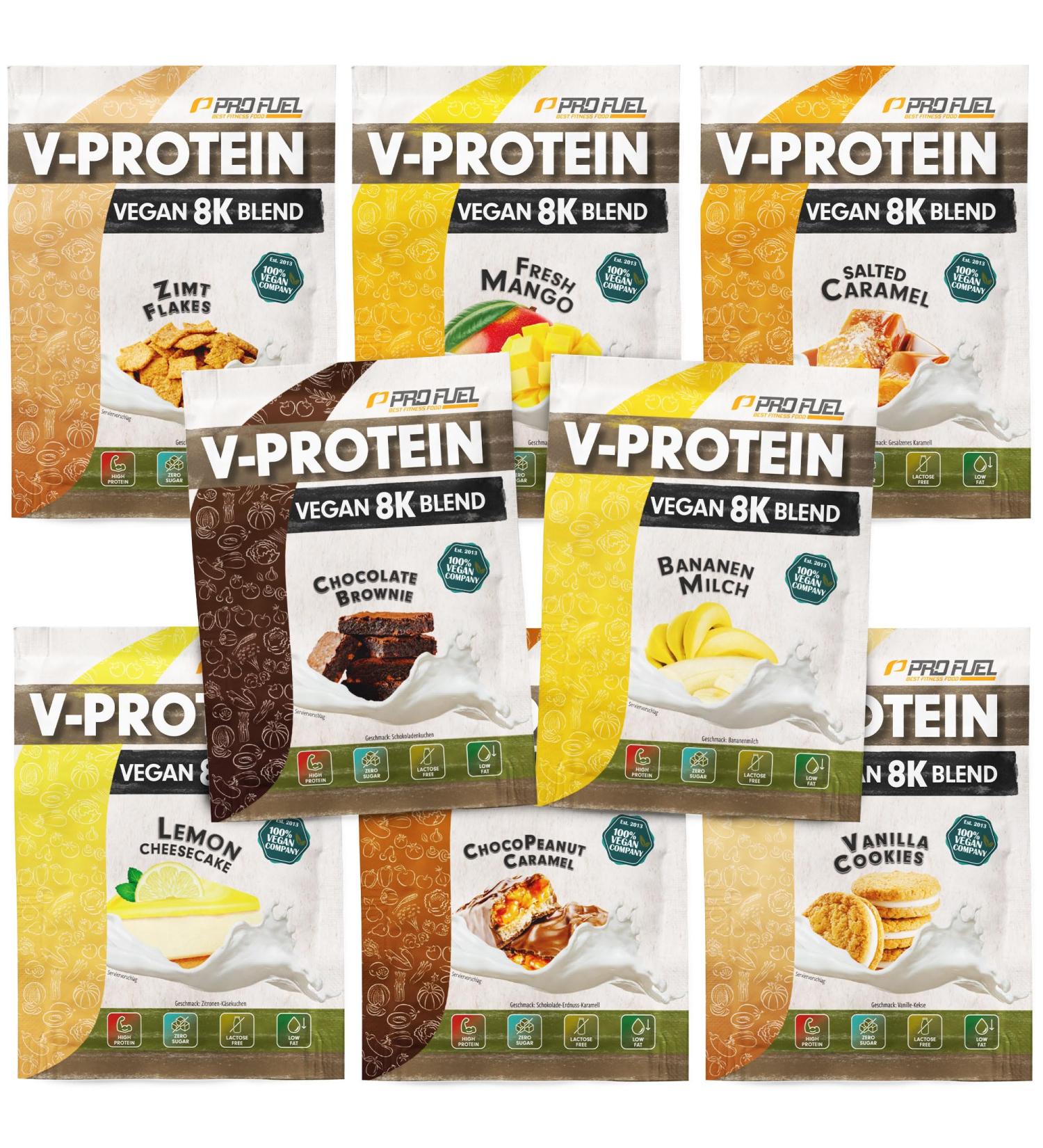 Vegan Protein Powder Sample Pack - 8 Flavors 8x30g Trial - 73-81% Plant-Based Protein | Tasty V-Protein Mix Box - Buy Online on GoSupps.com