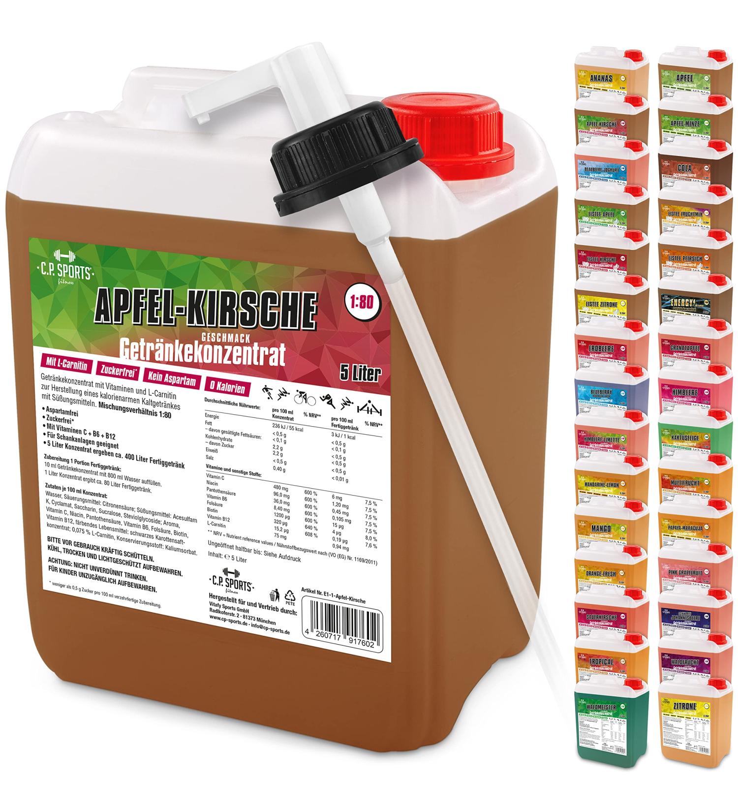 C.P.Sports 5L Drink Syrup Concentrate - Makes 400L Sports Beverage with Vitamins & L-Carnitine (Apple Cherry) - International Shipping Available - Buy Online on GoSupps.com