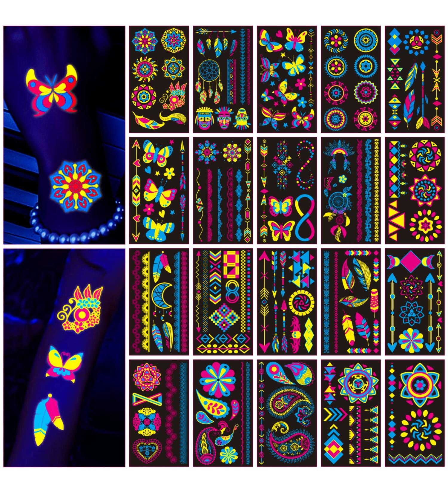 Glow in The Dark Temporary Tattoos - Neon UV Blacklight Reactive Face Tattoos for Festivals & Parties (20 Sheets, 160 Pcs) - Buy Online on GoSupps.com