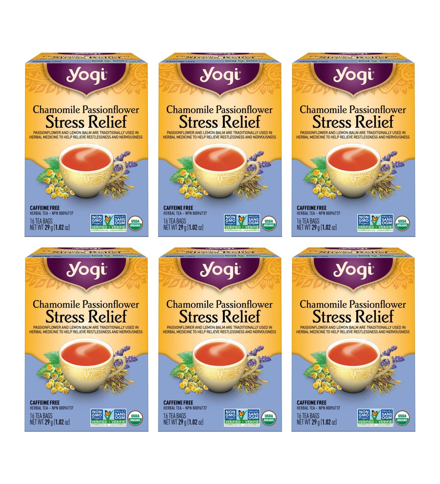 Yogi Tea - Chamomile Passionflower Stress Relief Tea (6 Pack) - With Lemon Balm Lavender and Eleuthero Root - Caffeine Free Organic Herbal Tea - 96 Tea Bags - Buy Online on GoSupps.com
