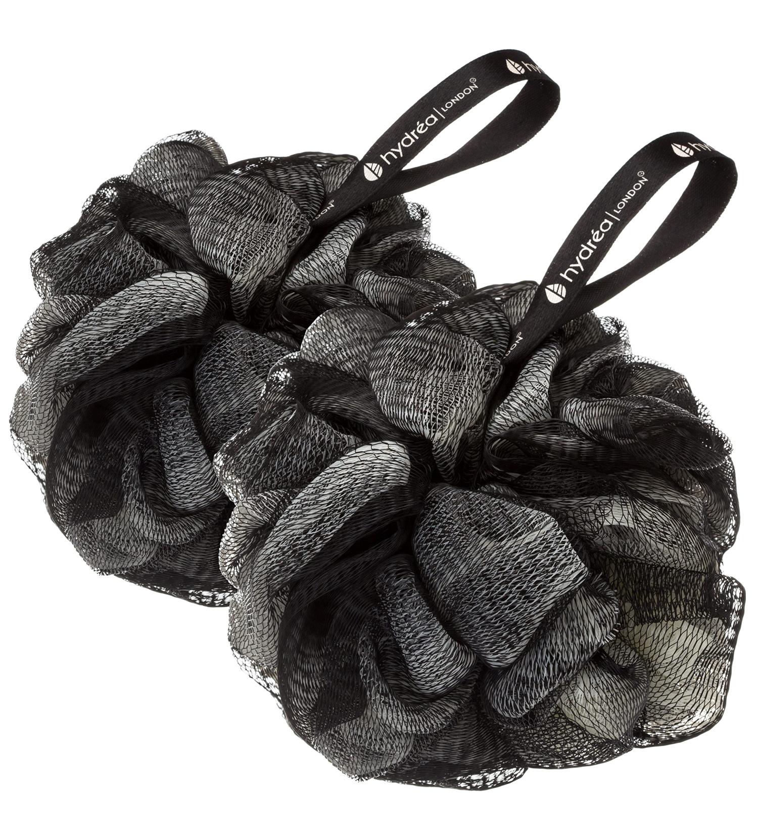 Hydrea London Shower Puffs - Pack of 2 Exfoliating Body Scrubber for Men & Women - Face & Body Cleansing Shower Scrub - Ultra-Soft Large & Vegan Bath Scrunchie - Bathing Buffers Black & Cream
