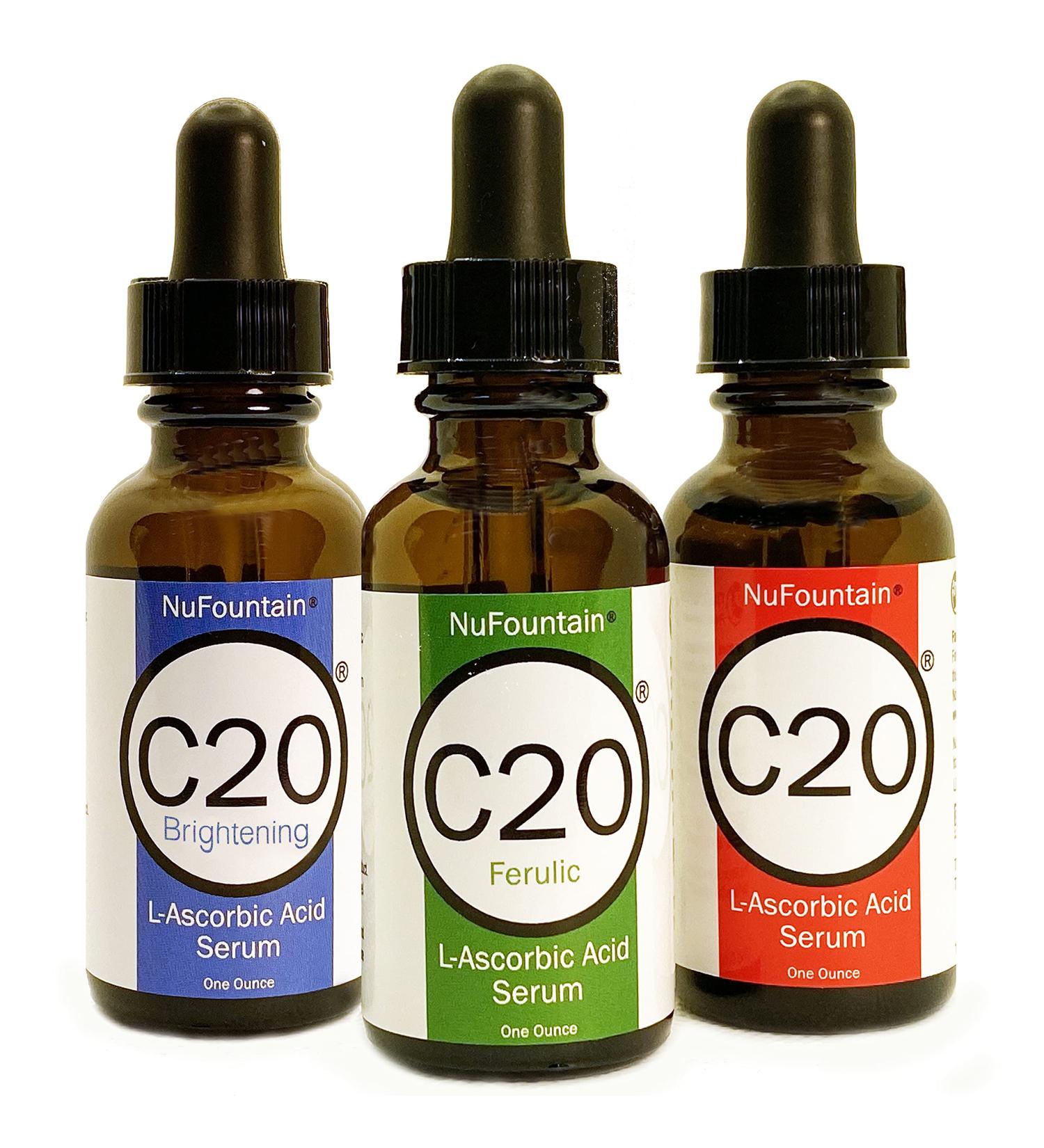 NuFountain C20 SUPER 3-pack. HAND CRAFTED 3 1-Ounce Bottles of 20% L-Ascorbic Acid C Serum - Buy Online on GoSupps.com